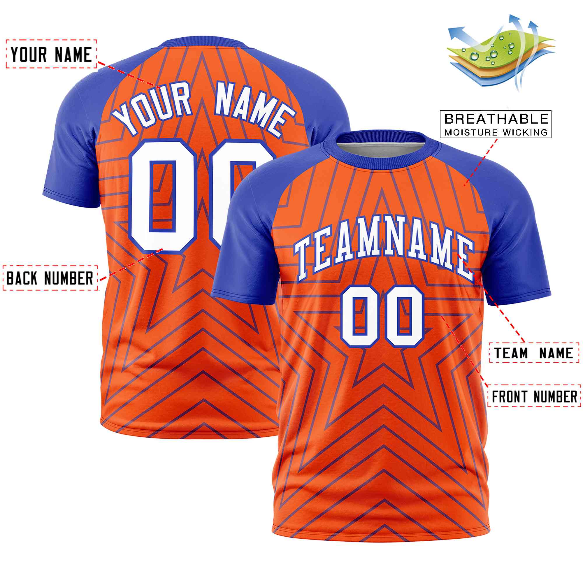 Custom Orange Royal Personalized Star Pattern Raglan Sleeves Performance T-Shirt