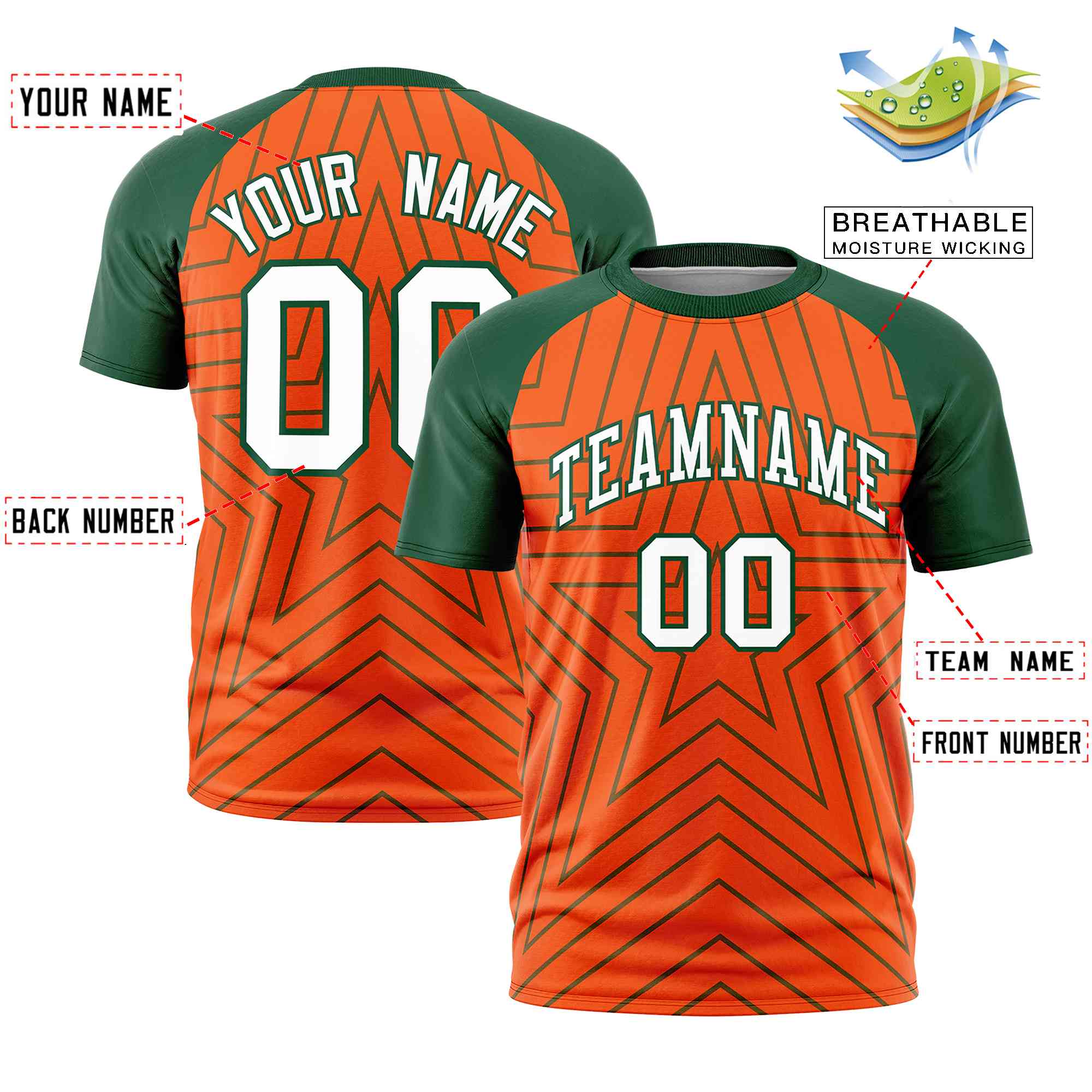 Custom Orange Green Personalized Star Pattern Raglan Sleeves Performance T-Shirt