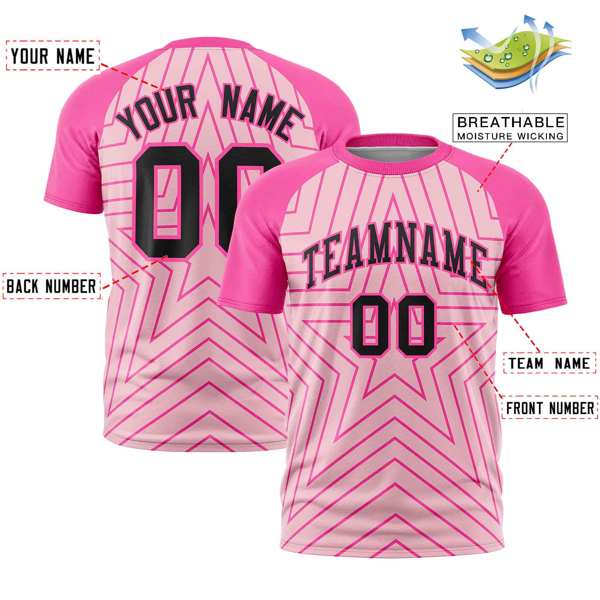 Custom Light Pink Pink Personalized Star Pattern Raglan Sleeves Performance T-Shirt