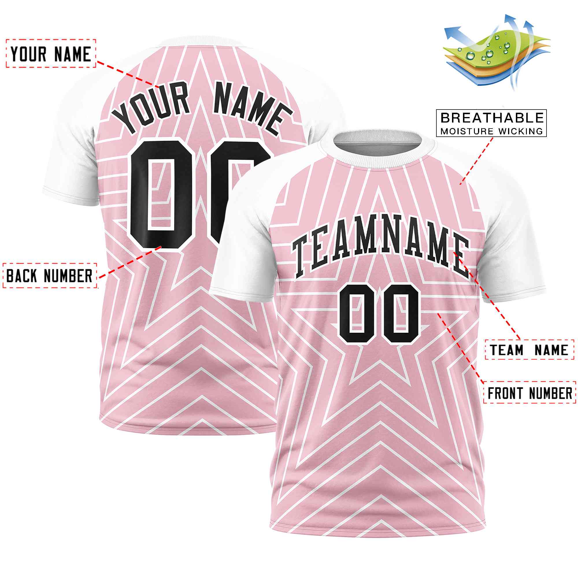 Custom Light Pink White Personalized Star Pattern Raglan Sleeves Performance T-Shirt