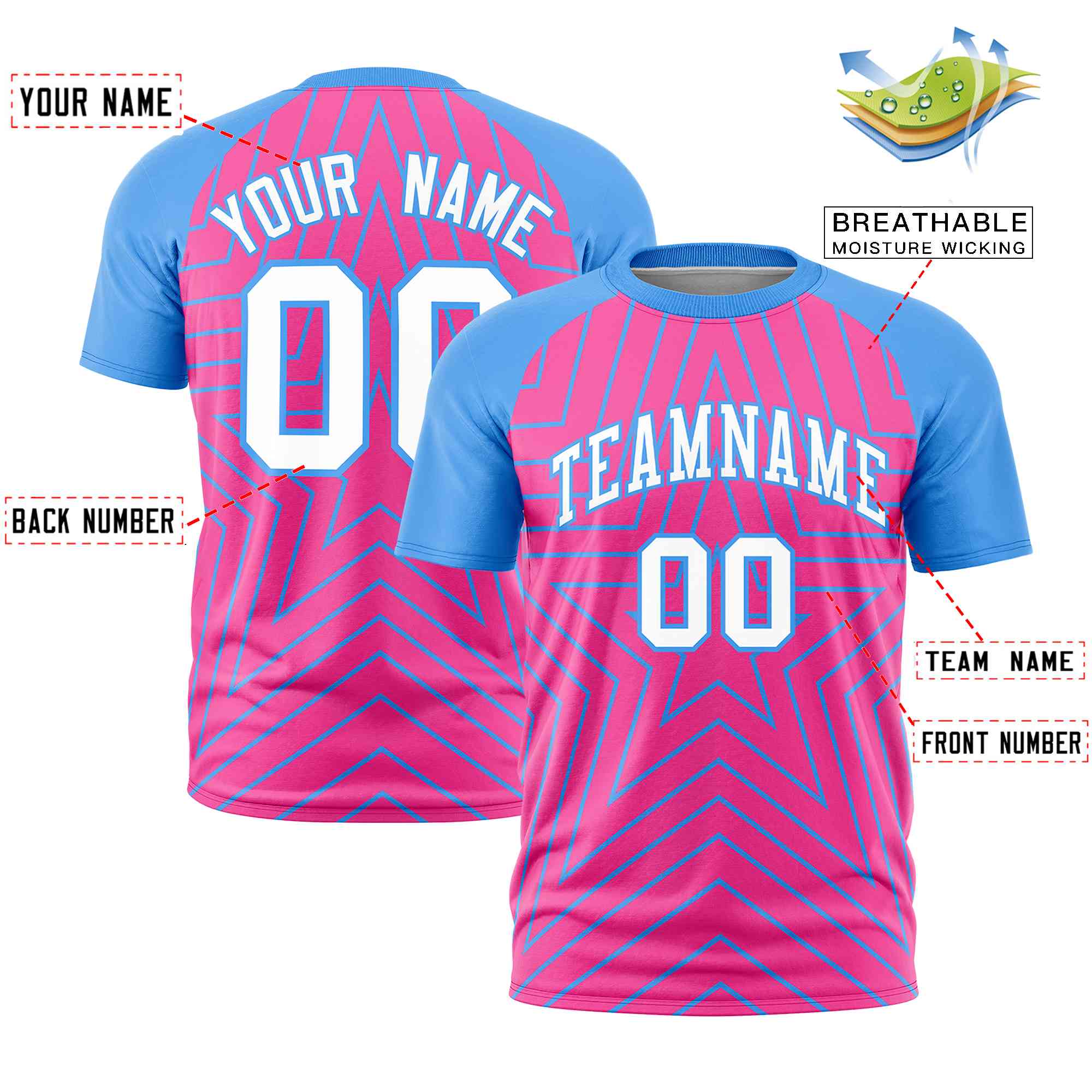 Custom Pink Powder Blue Personalized Star Pattern Raglan Sleeves Performance T-Shirt