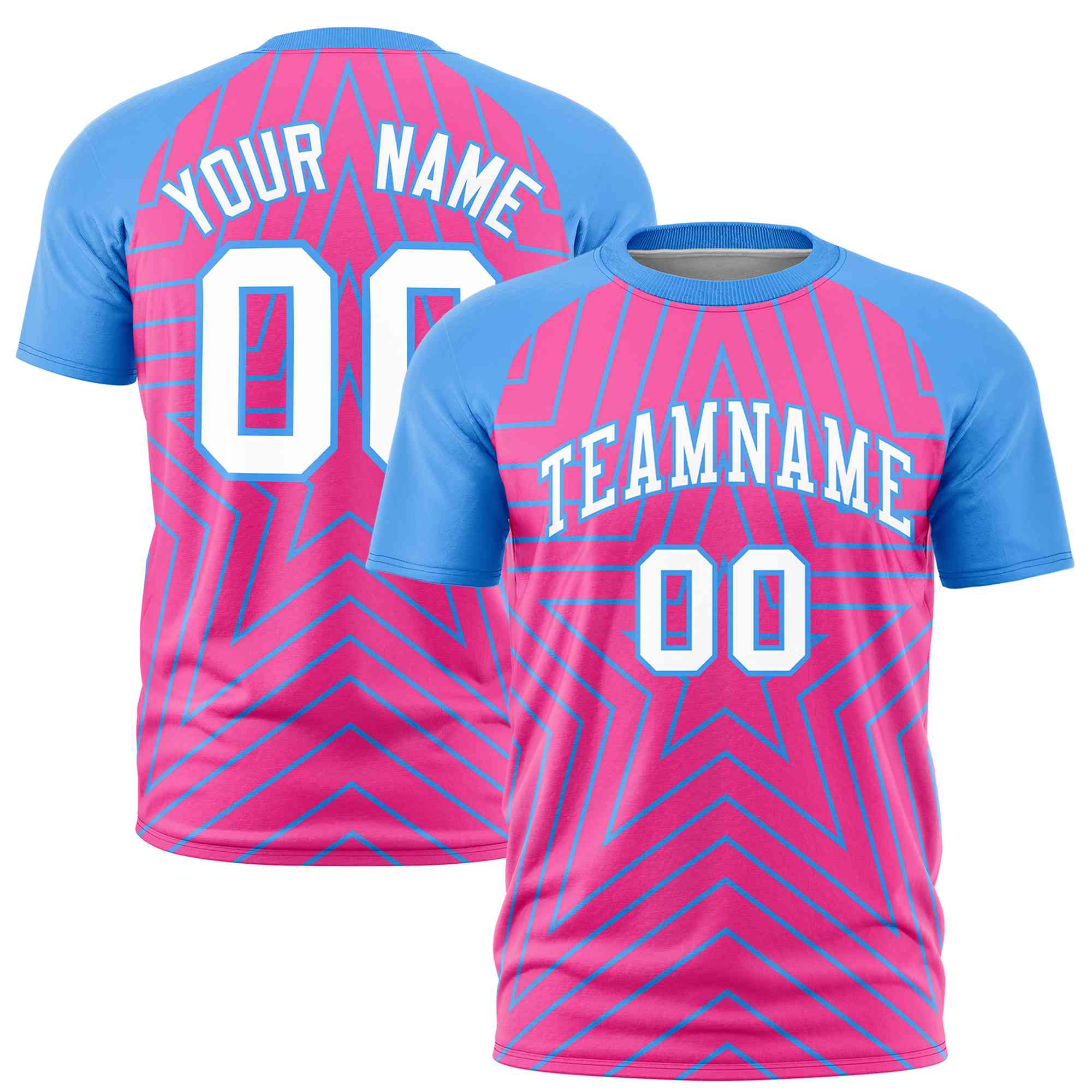 Custom Pink Powder Blue Personalized Star Pattern Raglan Sleeves Performance T-Shirt