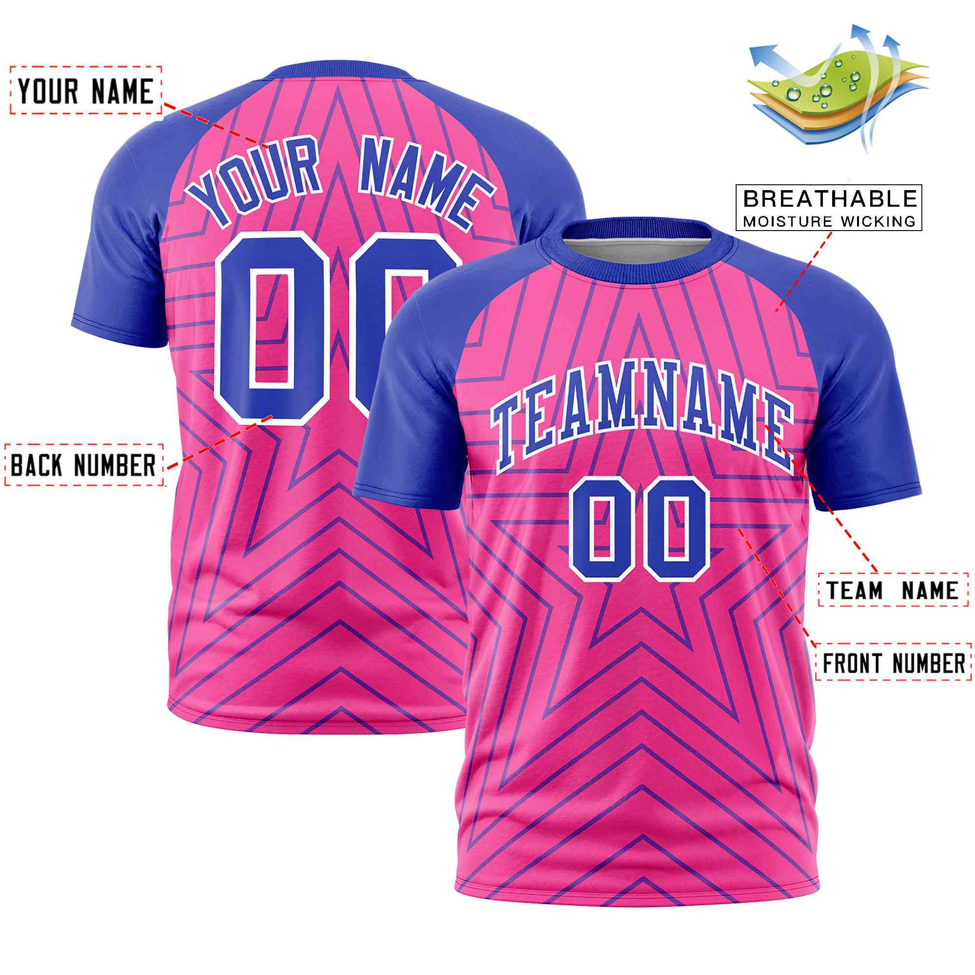 Custom Pink Royal Personalized Star Pattern Raglan Sleeves Performance T-Shirt