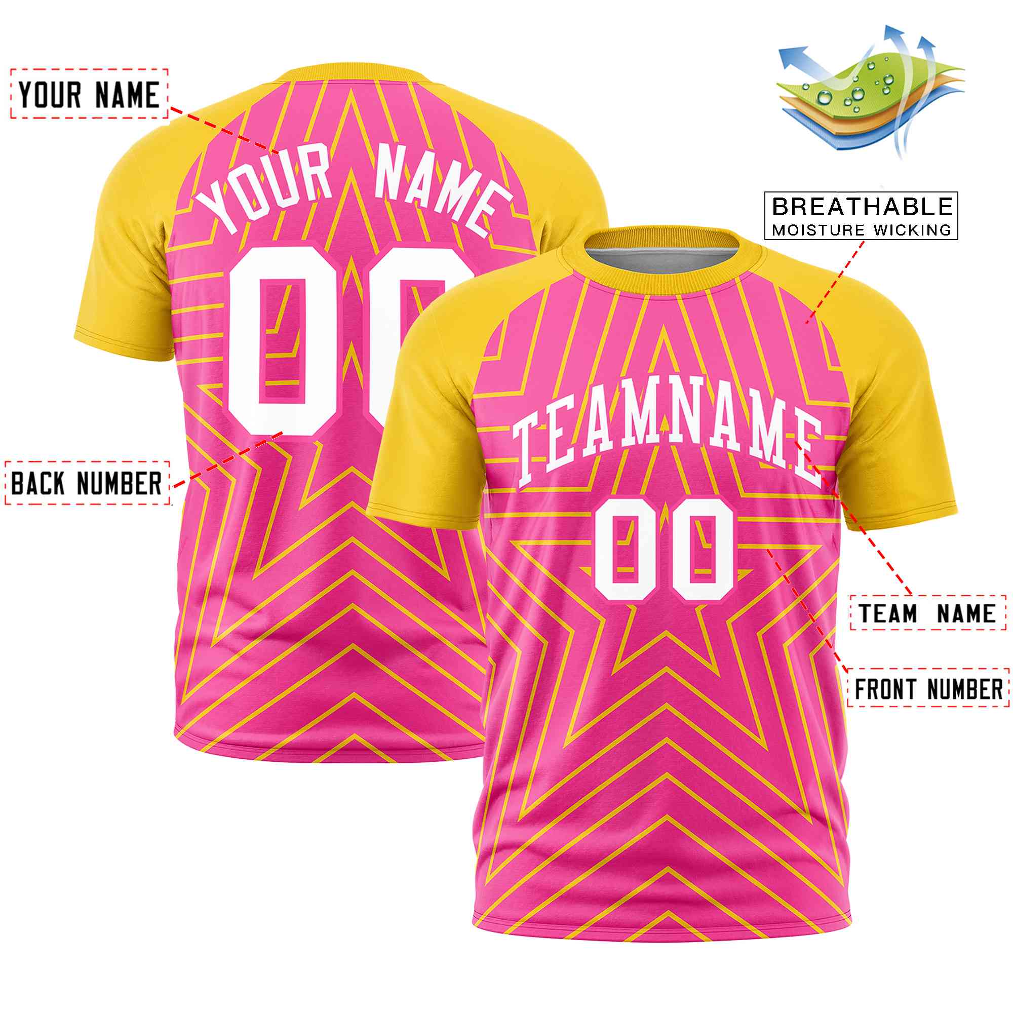 Custom Pink Gold Personalized Star Pattern Raglan Sleeves Performance T-Shirt