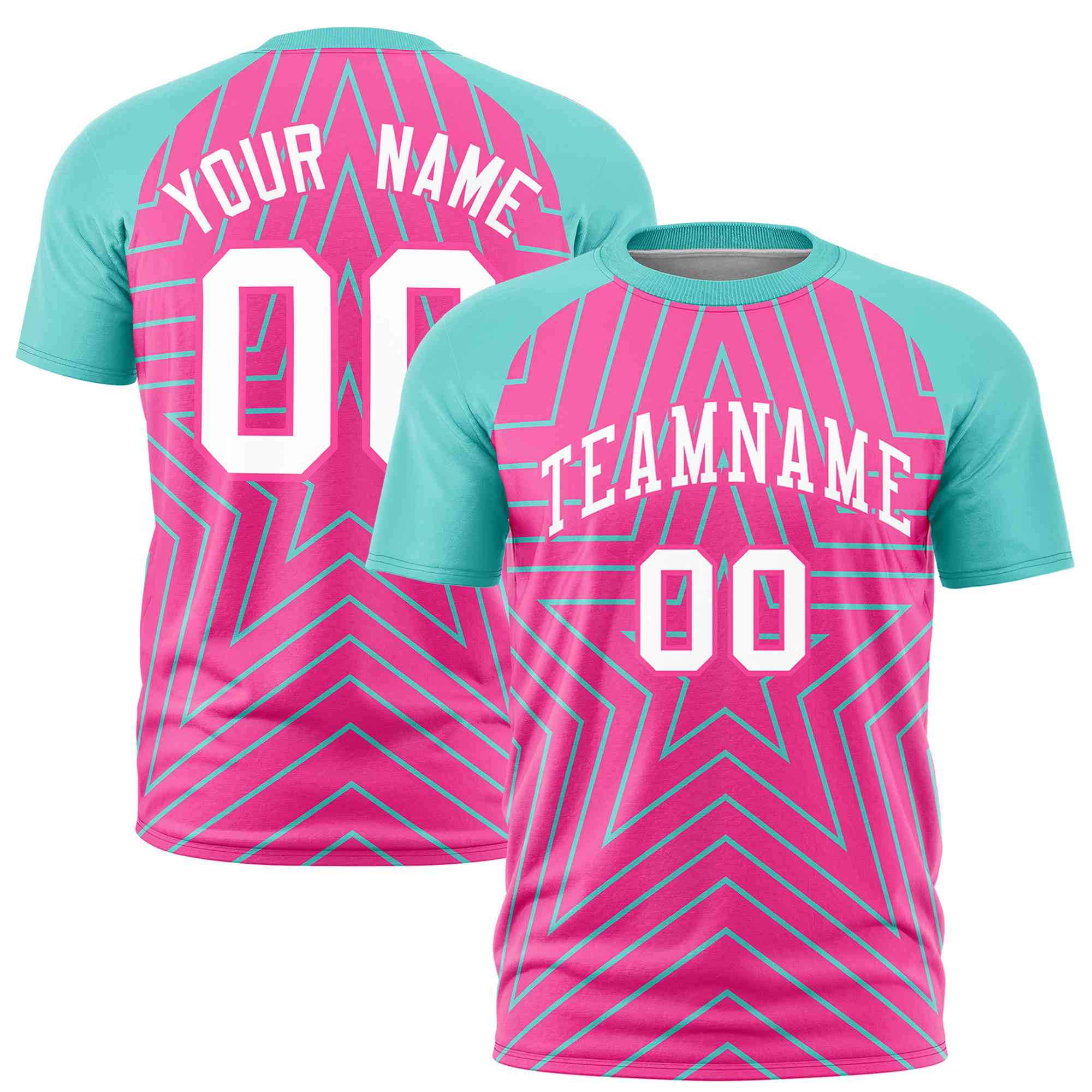 Custom Pink Aqua Personalized Star Pattern Raglan Sleeves Performance T-Shirt