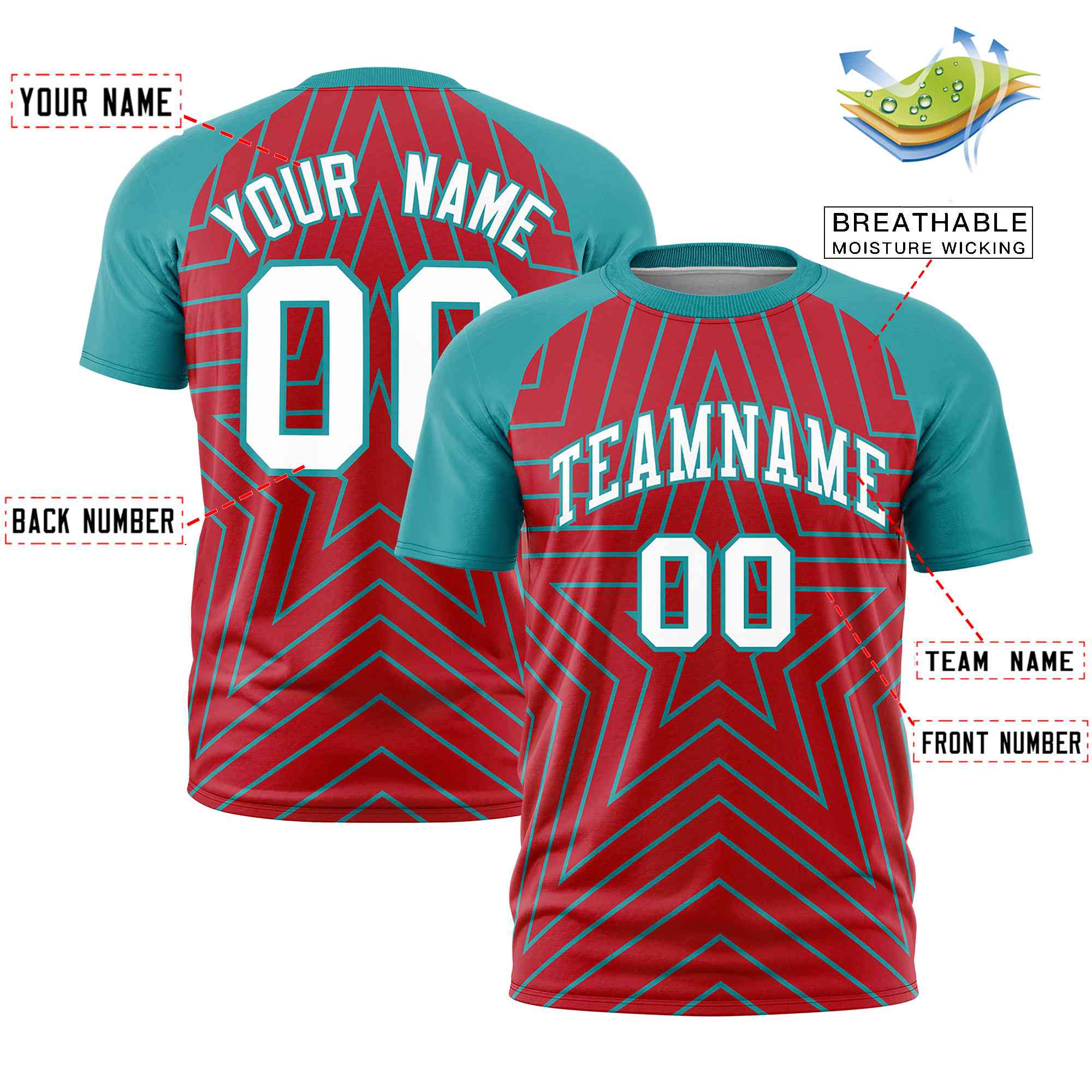 Custom Red Aqua Personalized Star Pattern Raglan Sleeves Performance T-Shirt