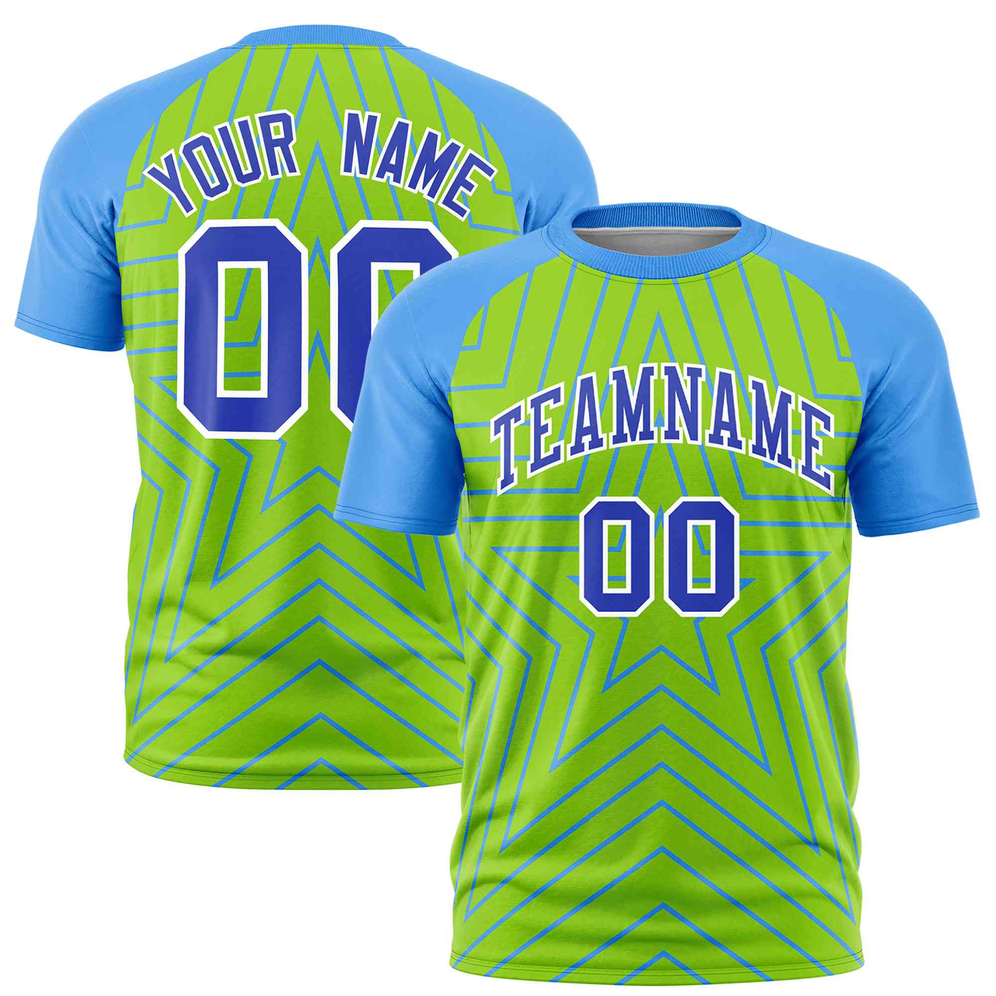 Custom Neon Green Powder Blue Personalized Star Pattern Raglan Sleeves Performance T-Shirt