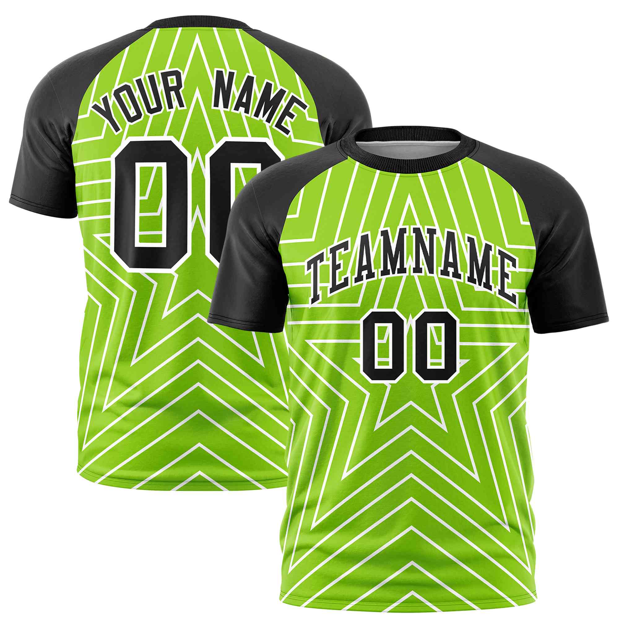 Custom Neon Green Black Personalized Star Pattern Raglan Sleeves Performance T-Shirt