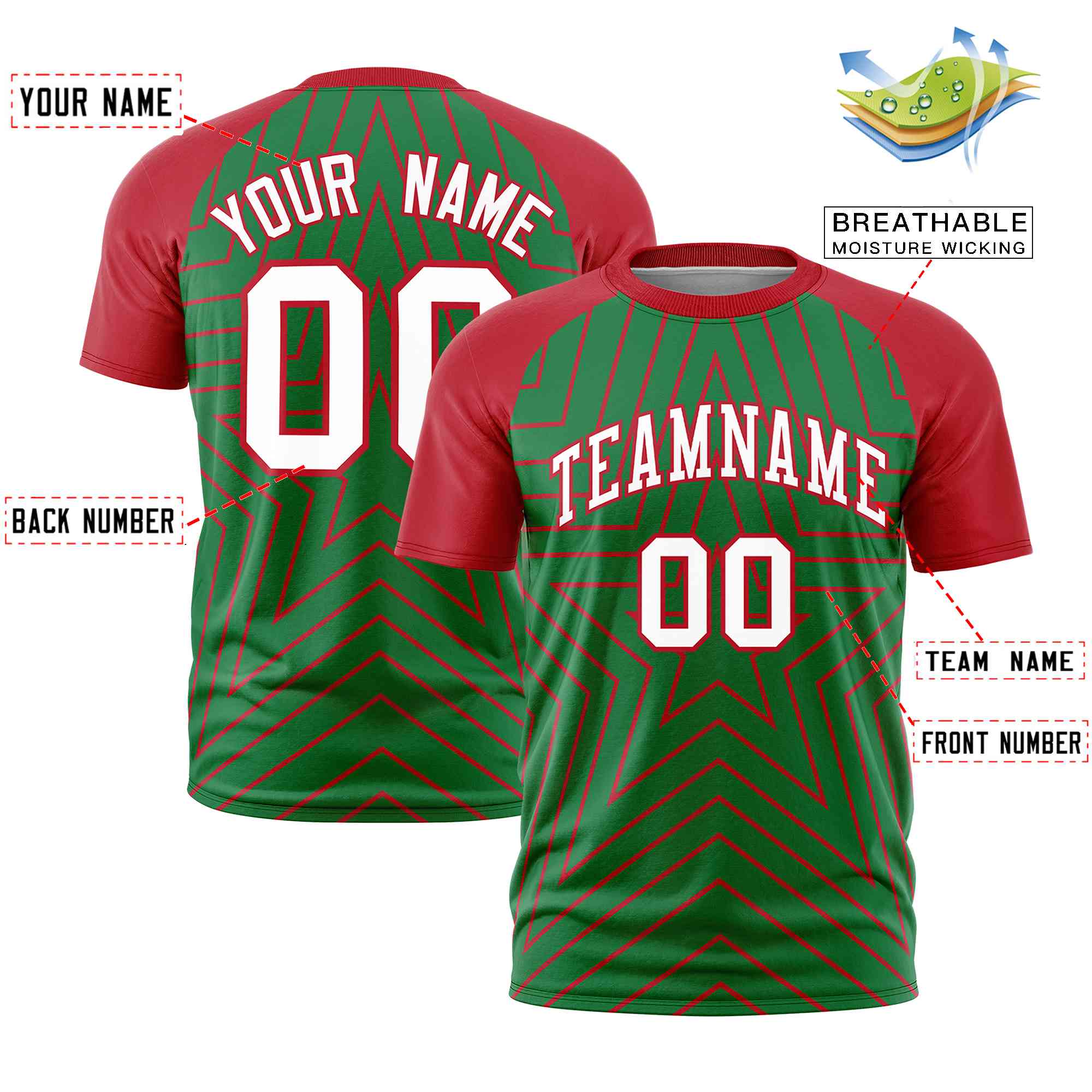 Custom Kelly Green Red Personalized Star Pattern Raglan Sleeves Performance T-Shirt