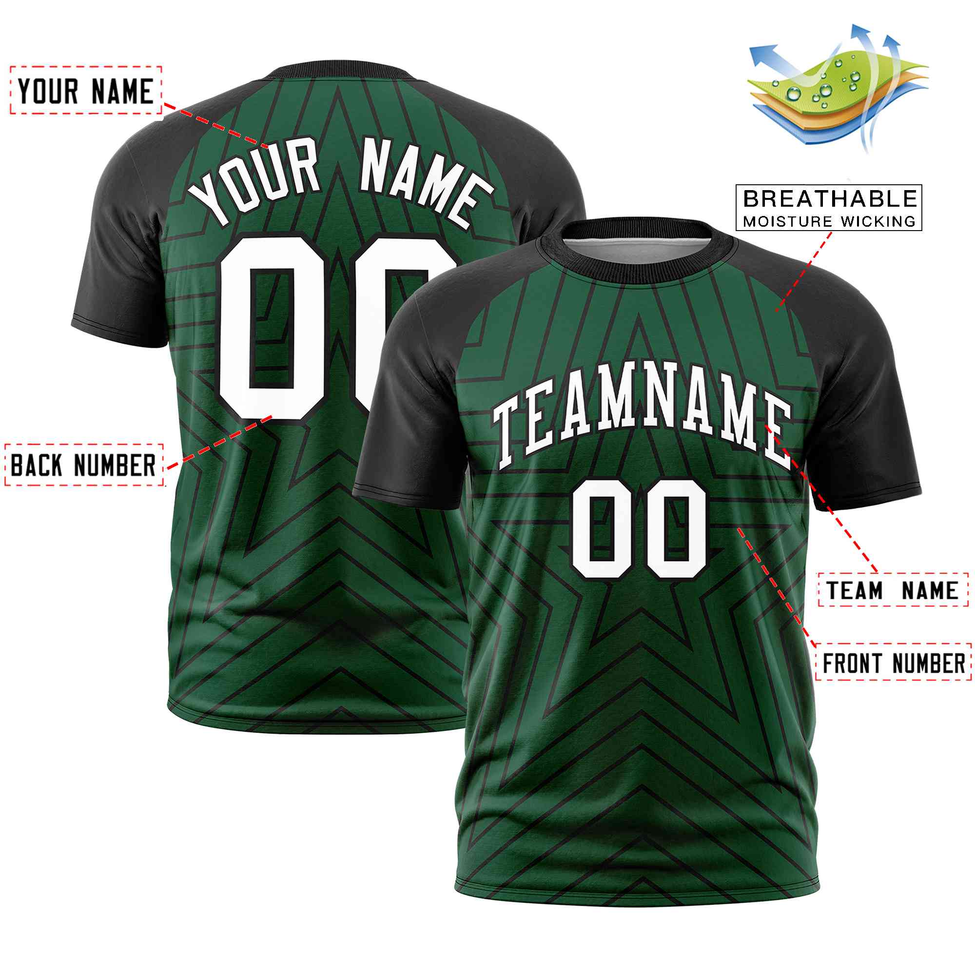 Custom Green Black Personalized Star Pattern Raglan Sleeves Performance T-Shirt