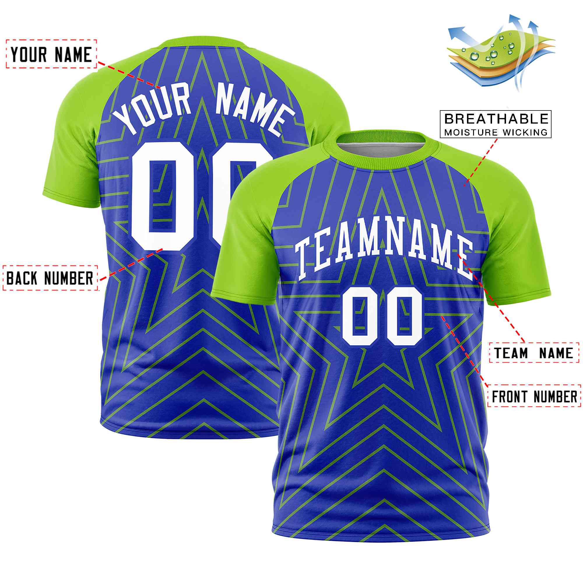 Custom Royal Neon Green Personalized Star Pattern Raglan Sleeves Performance T-Shirt