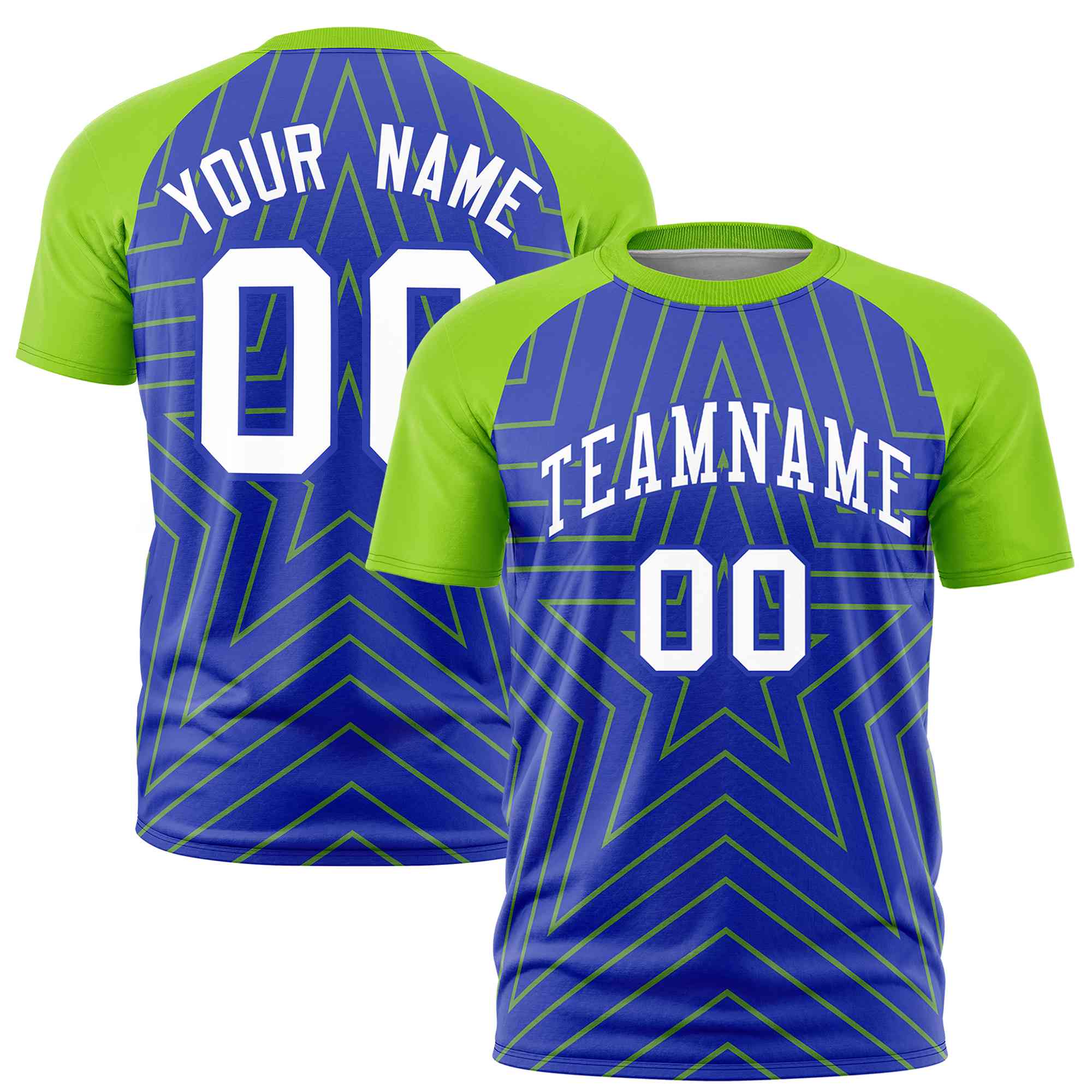 Custom Royal Neon Green Personalized Star Pattern Raglan Sleeves Performance T-Shirt