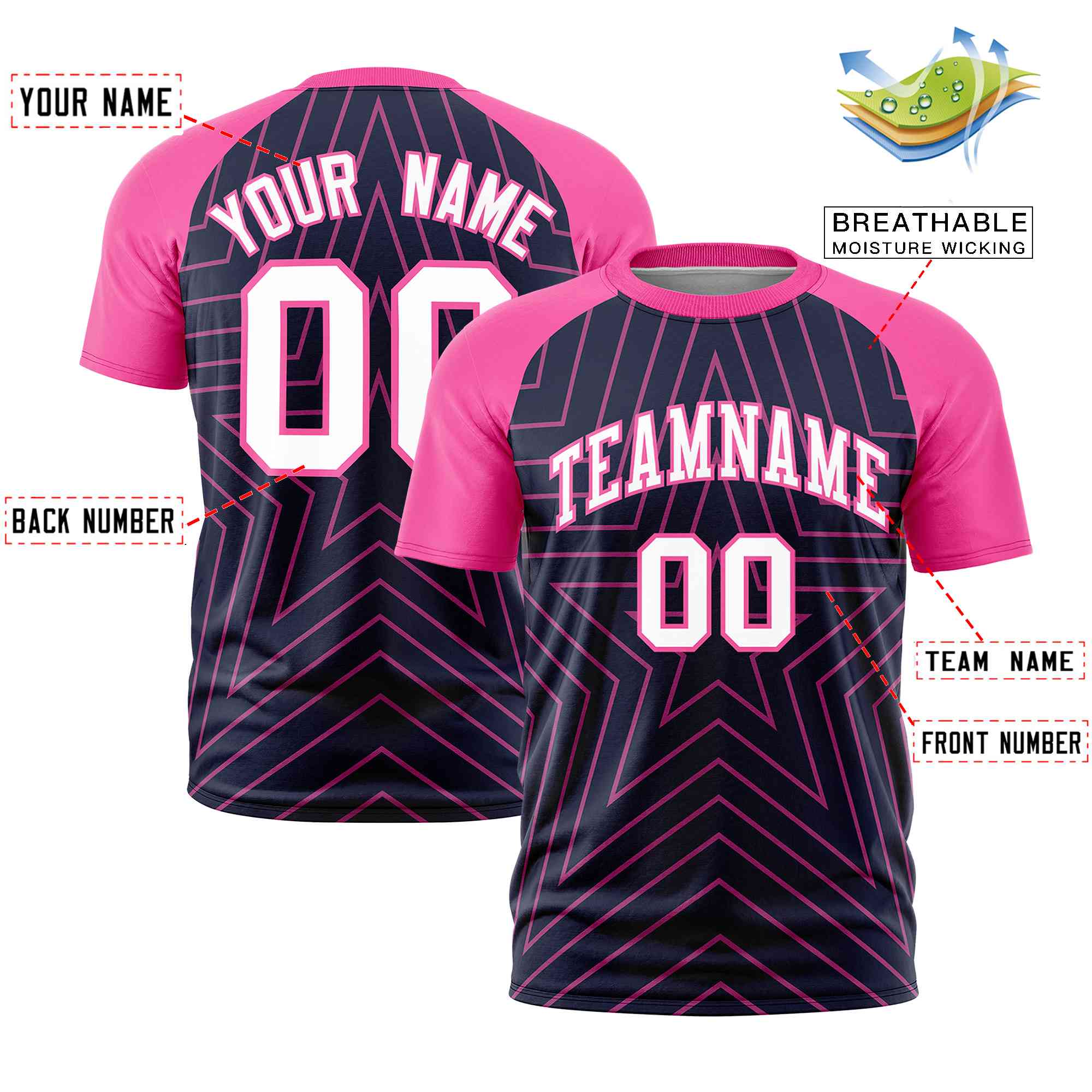 Custom Navy Pink Personalized Star Pattern Raglan Sleeves Performance T-Shirt