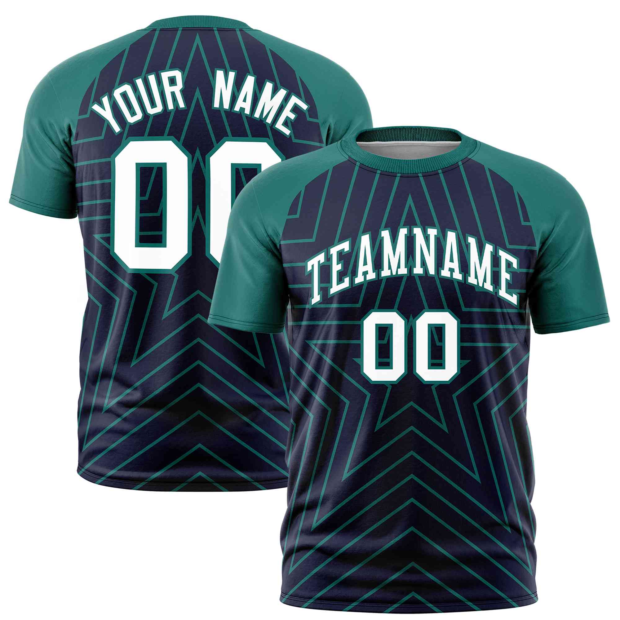 Custom Navy Aqua Personalized Star Pattern Raglan Sleeves Performance T-Shirt