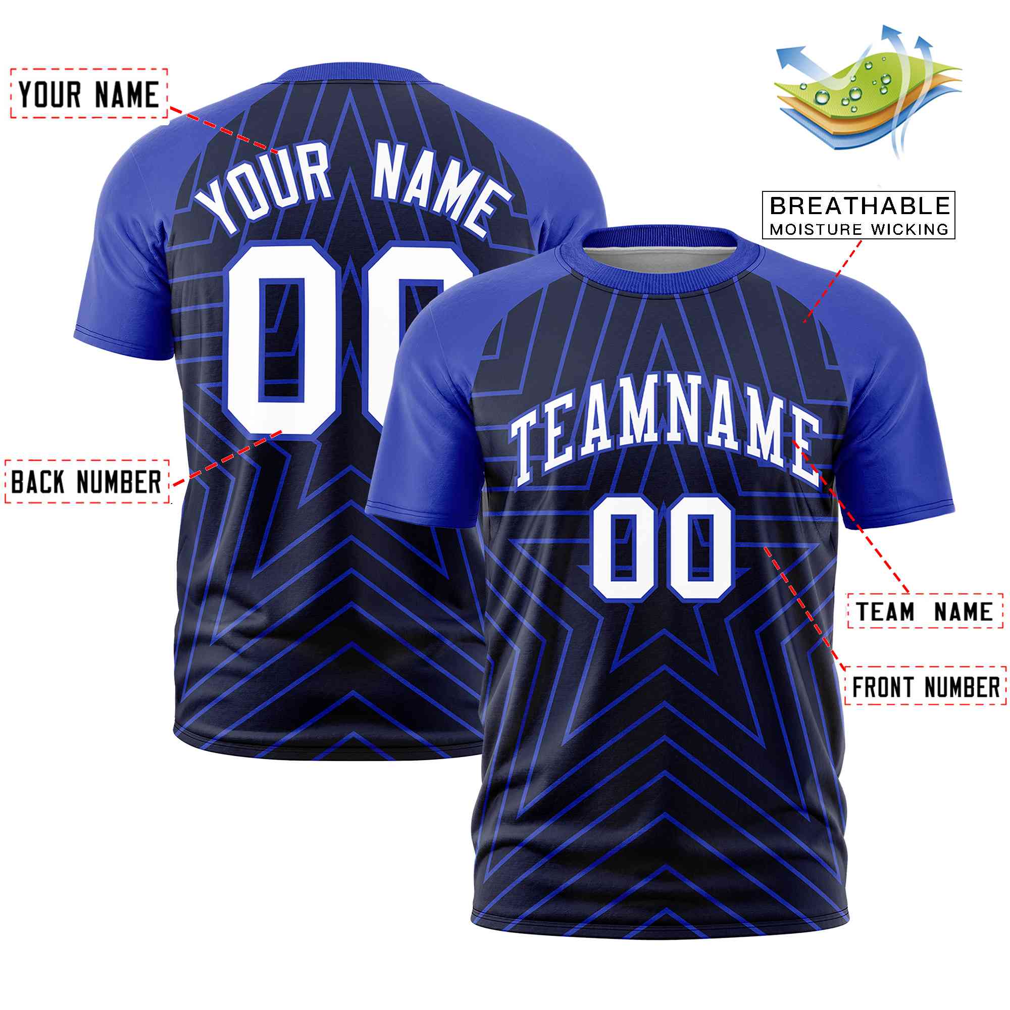 Custom Navy Royal Personalized Star Pattern Raglan Sleeves Performance T-Shirt