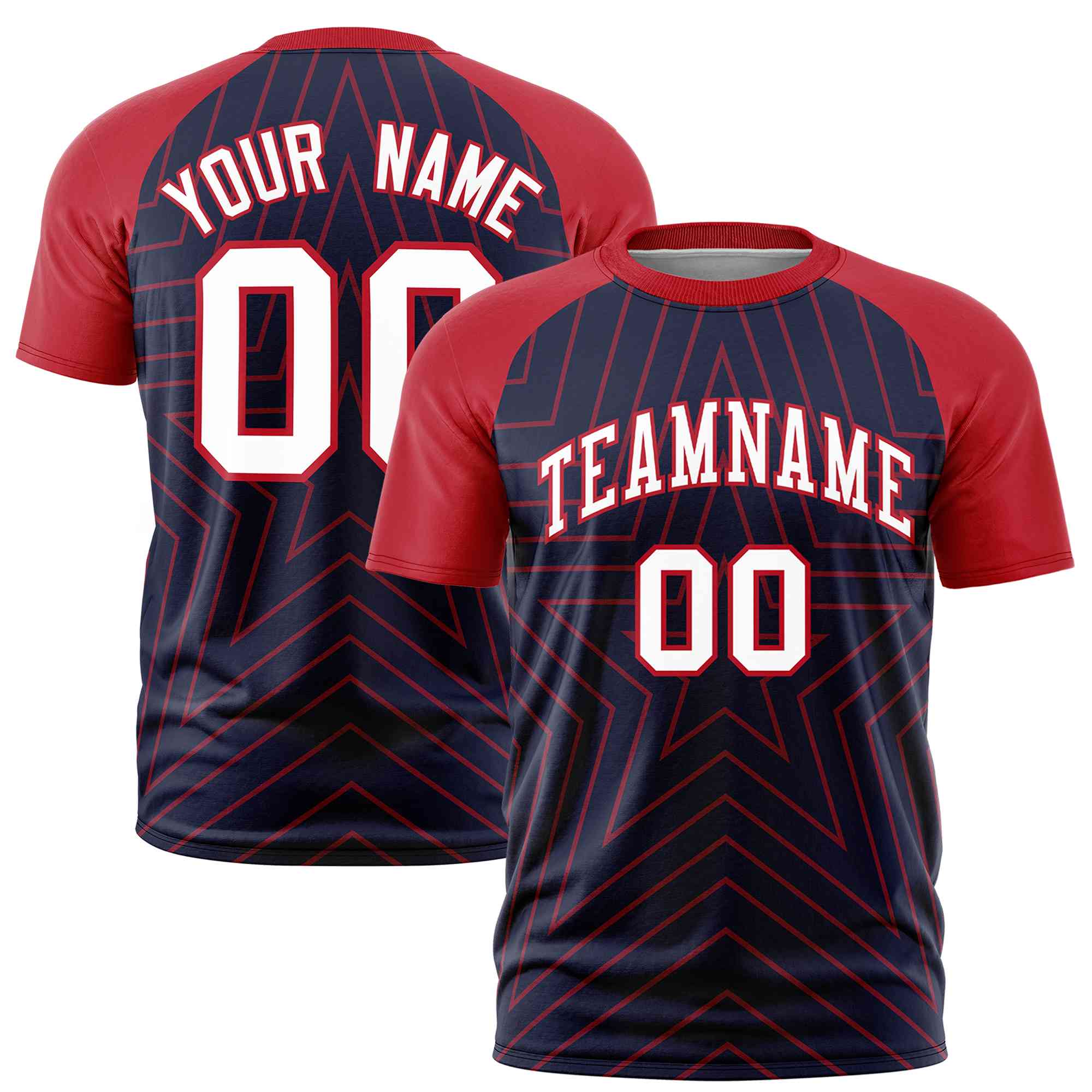 Custom Navy Red Personalized Star Pattern Raglan Sleeves Performance T-Shirt