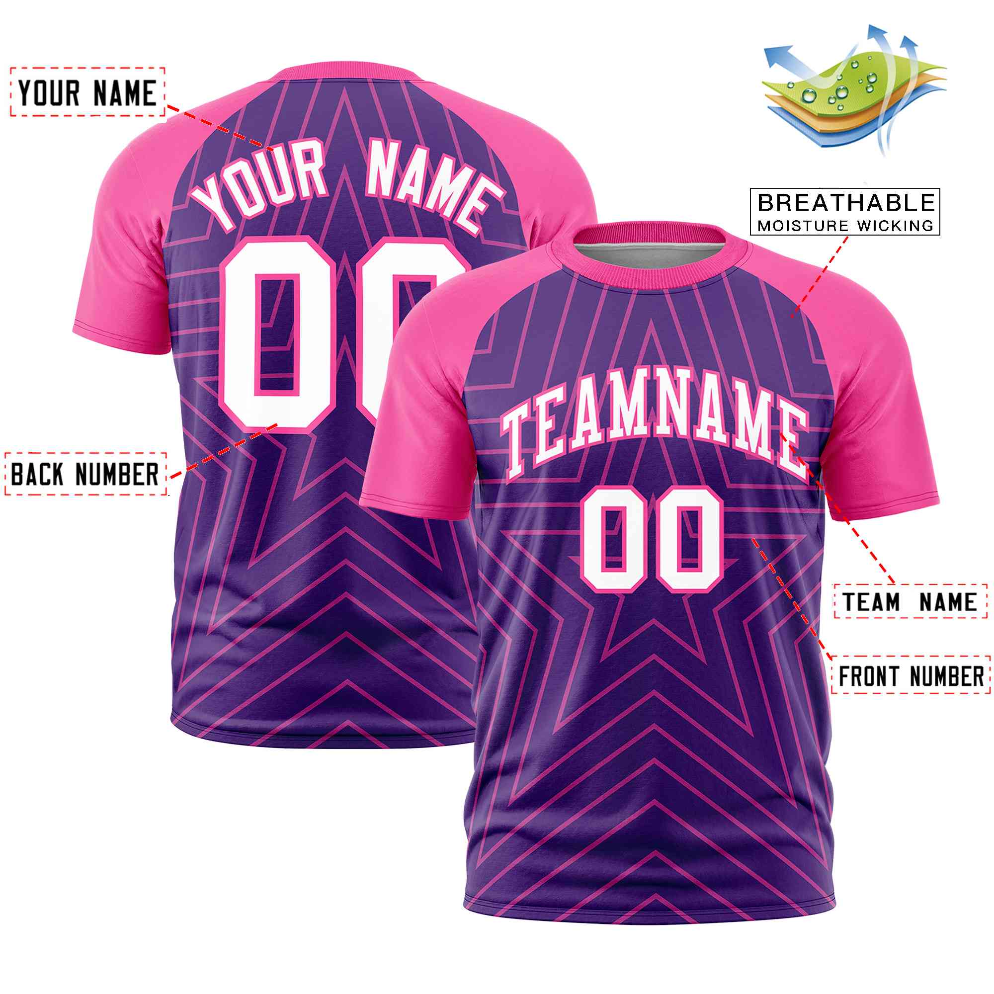 Custom Purple Pink Personalized Star Pattern Raglan Sleeves Performance T-Shirt