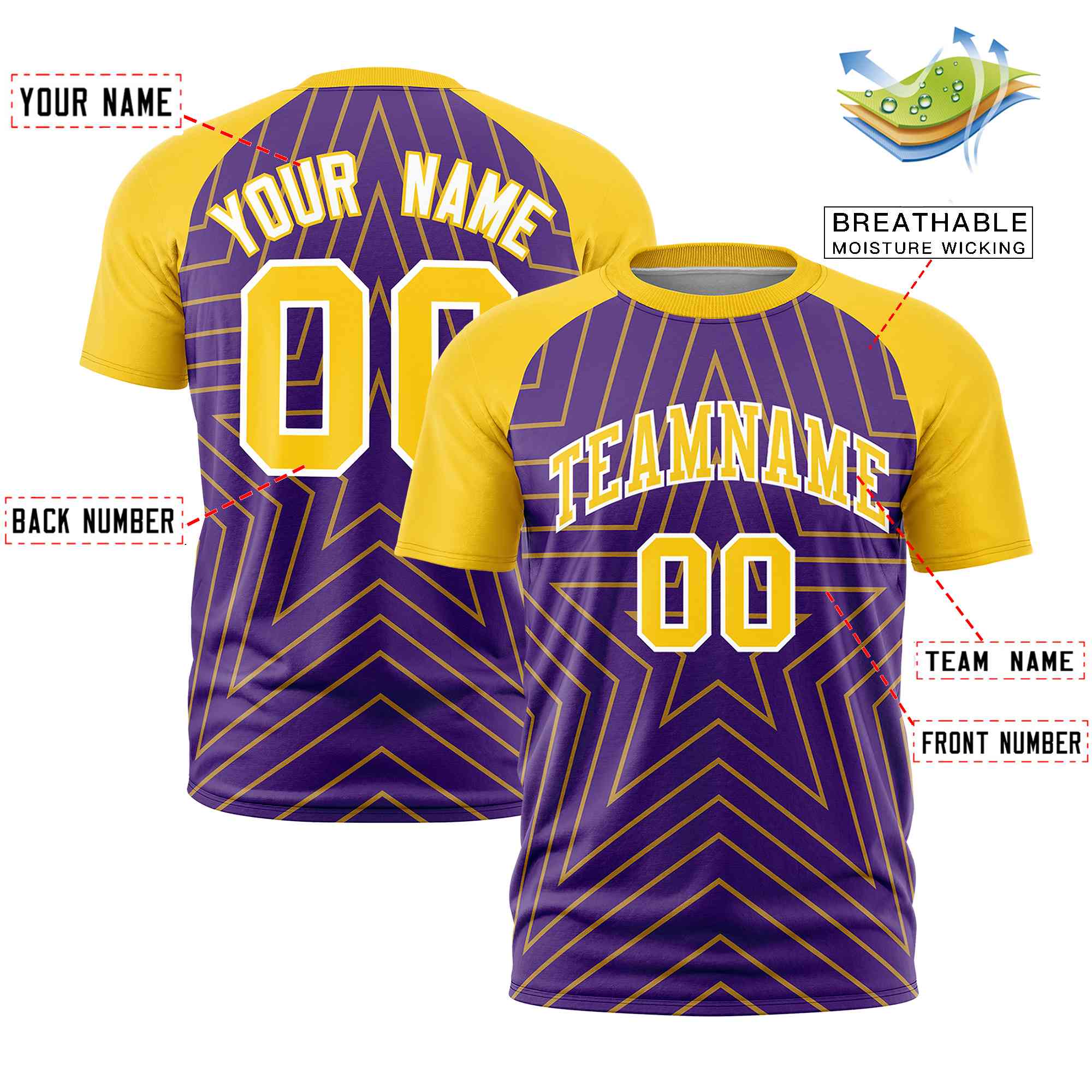 Custom Purple Gold Personalized Star Pattern Raglan Sleeves Performance T-Shirt