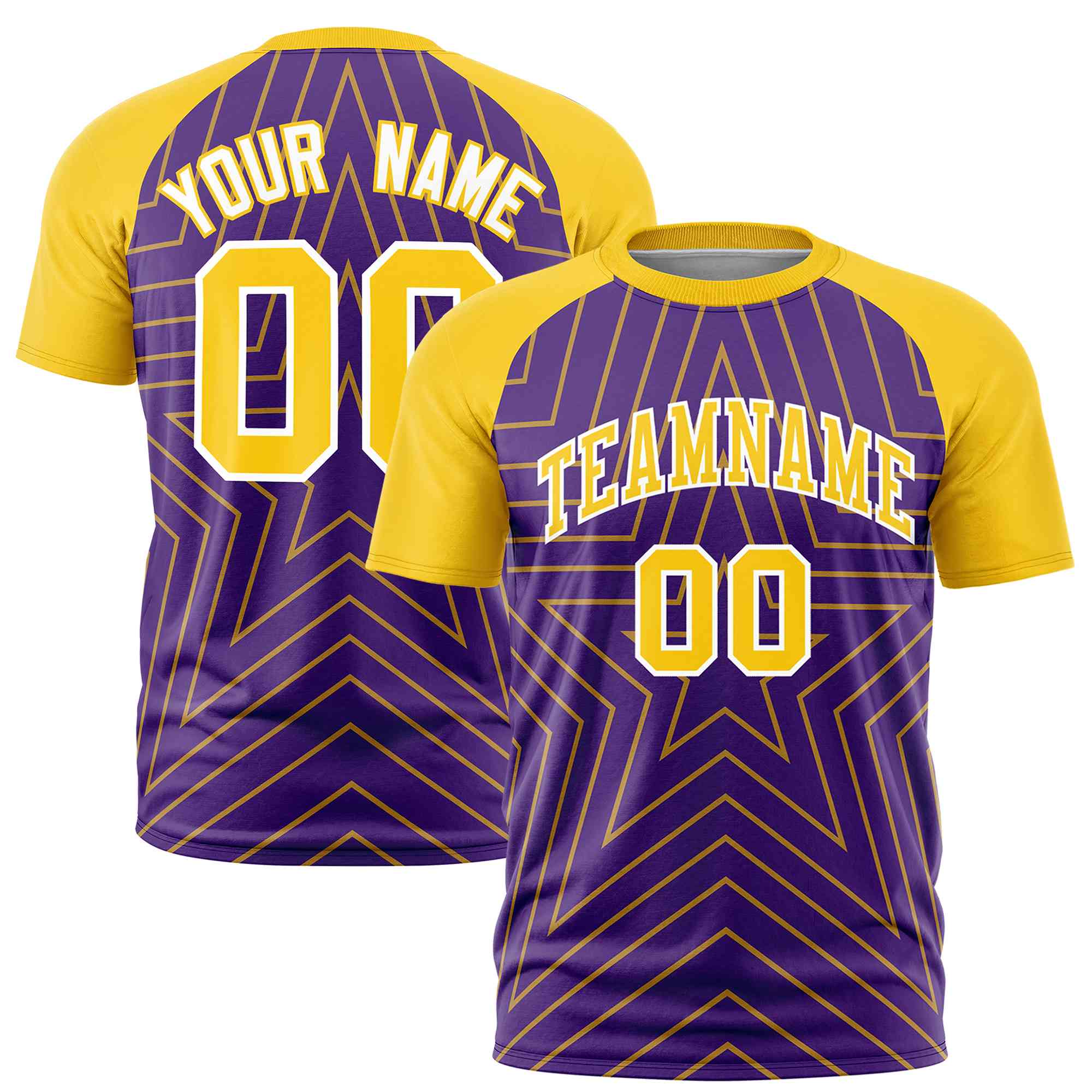 Custom Purple Gold Personalized Star Pattern Raglan Sleeves Performance T-Shirt