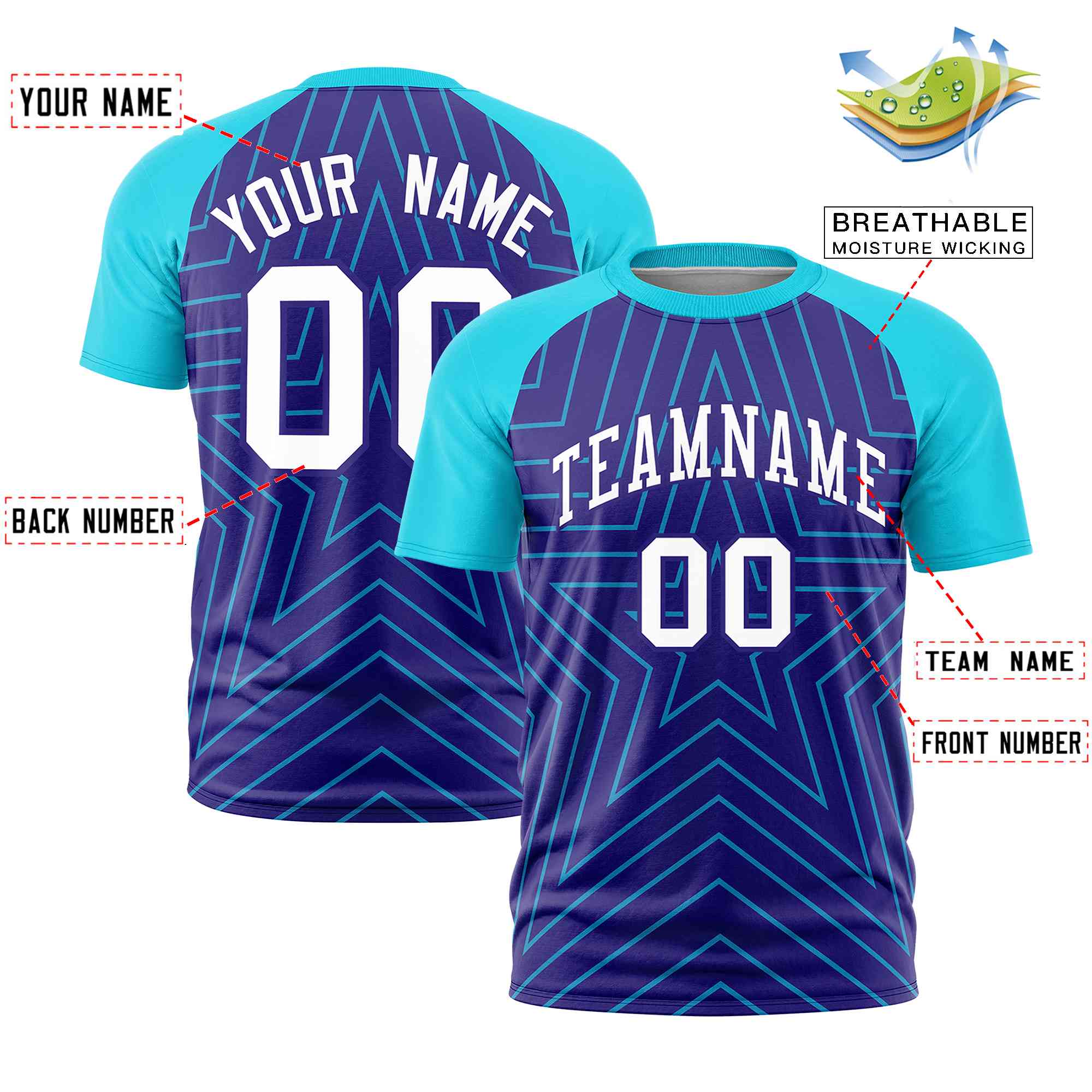 Custom Violet Sky Blue Personalized Star Pattern Raglan Sleeves Performance T-Shirt