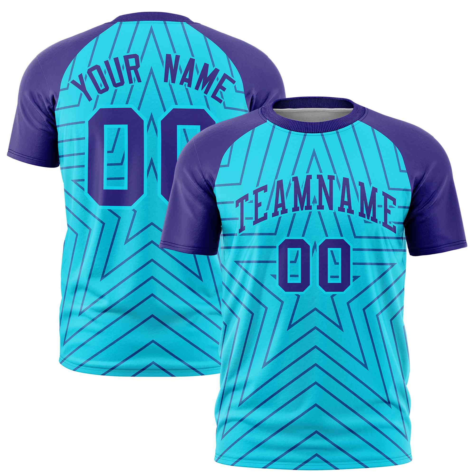 Custom Sky Blue Violet Personalized Star Pattern Raglan Sleeves Performance T-Shirt