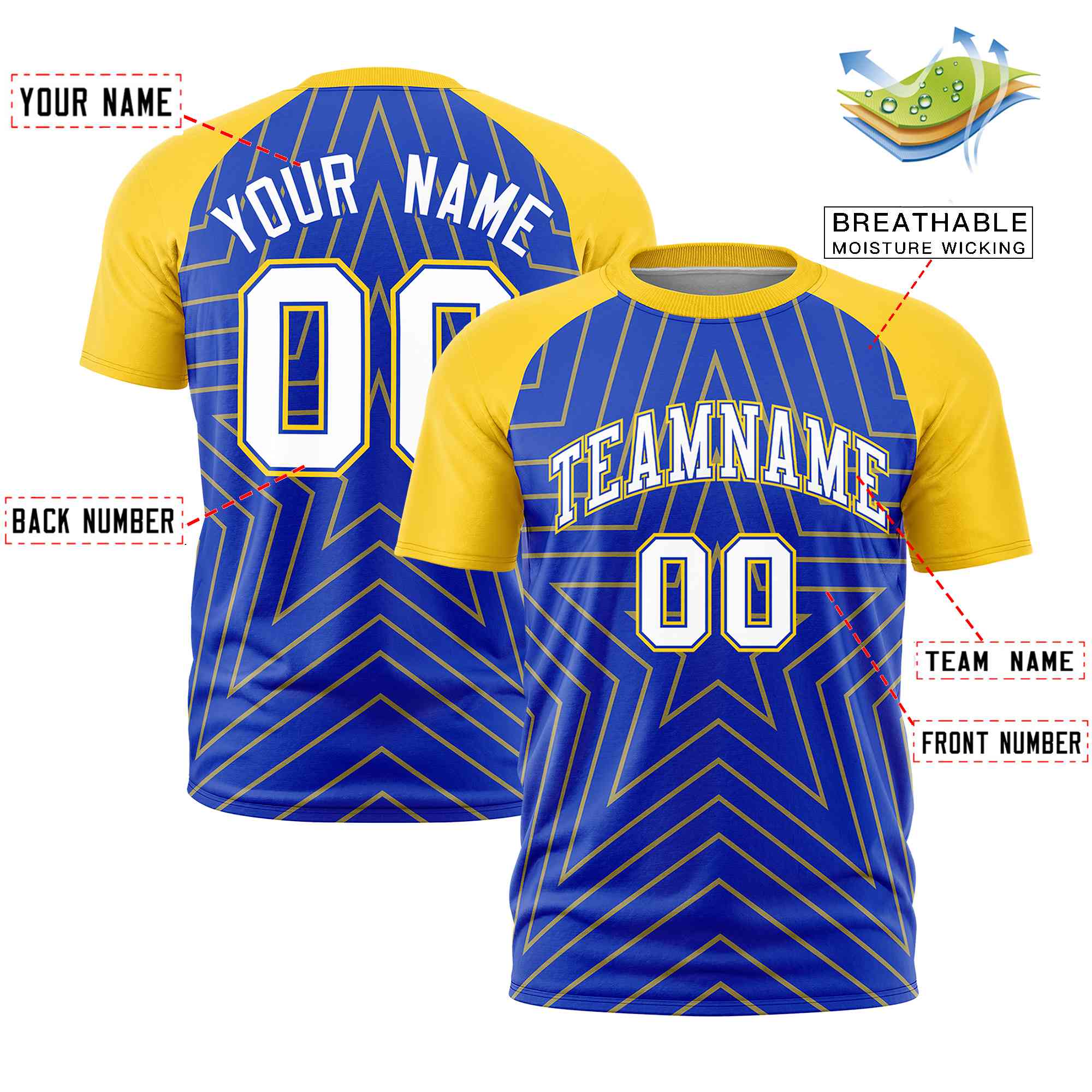 Custom Royal Gold Personalized Star Pattern Raglan Sleeves Performance T-Shirt