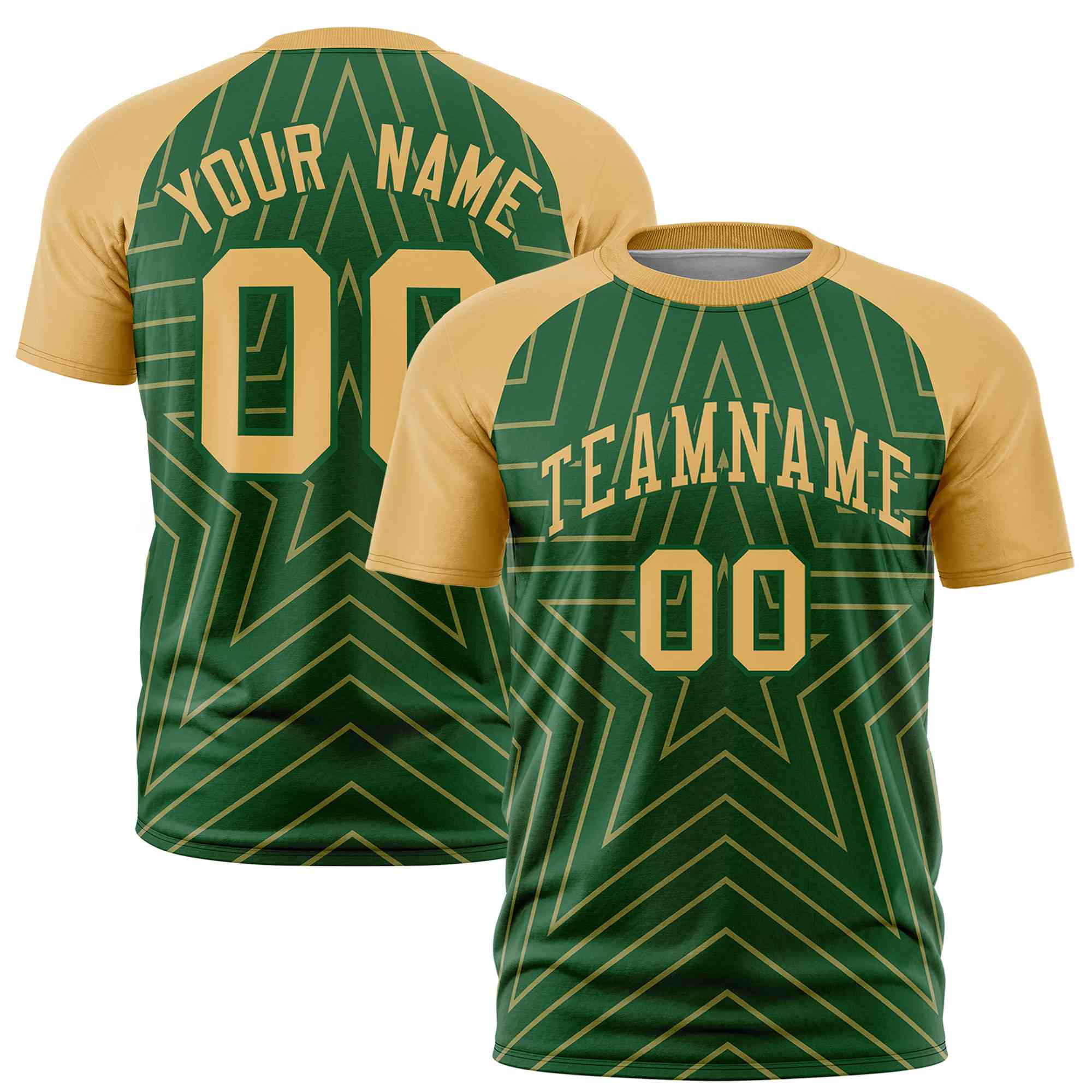 Custom Green Old Gold Personalized Star Pattern Raglan Sleeves Performance T-Shirt