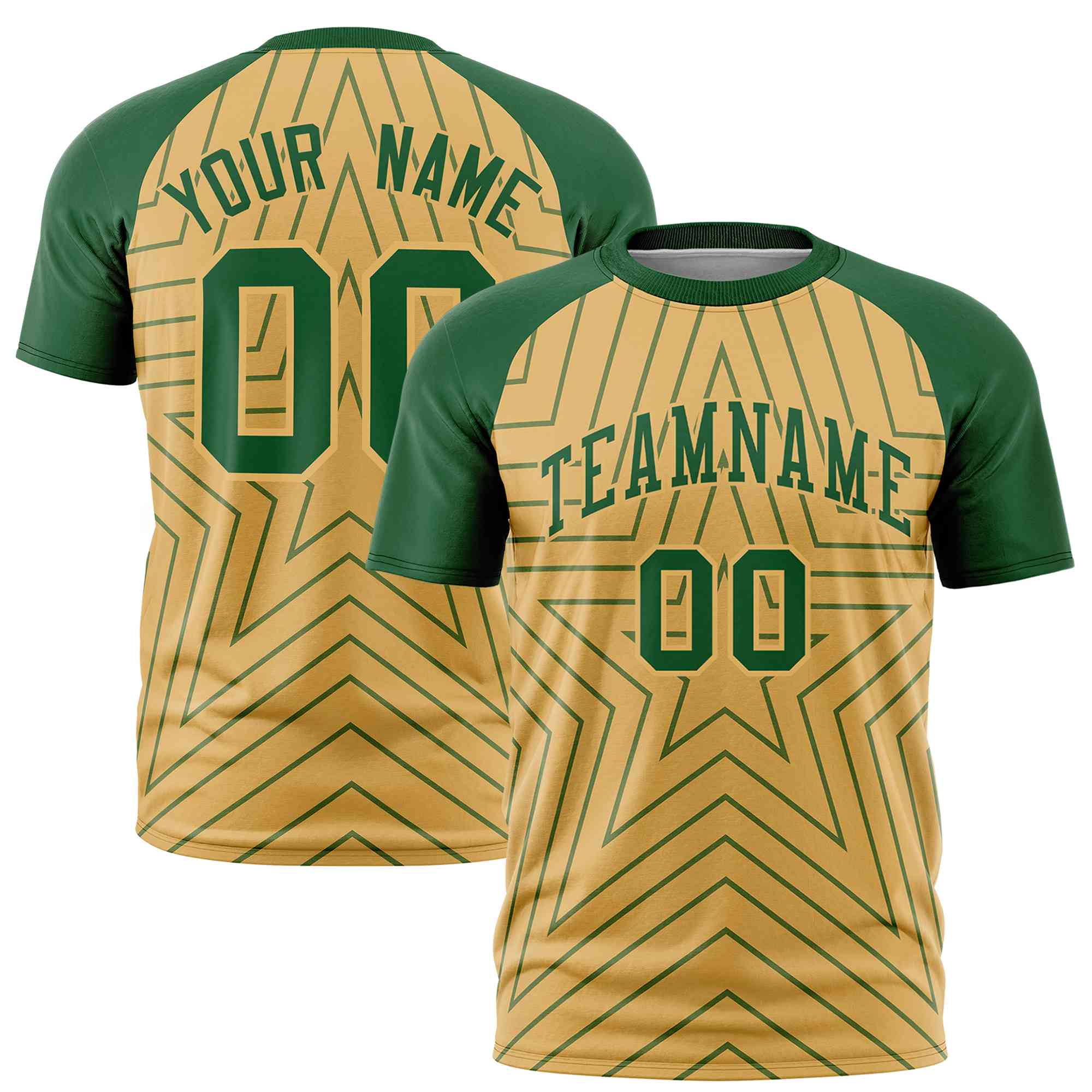 Custom Old Gold Green Personalized Star Pattern Raglan Sleeves Performance T-Shirt