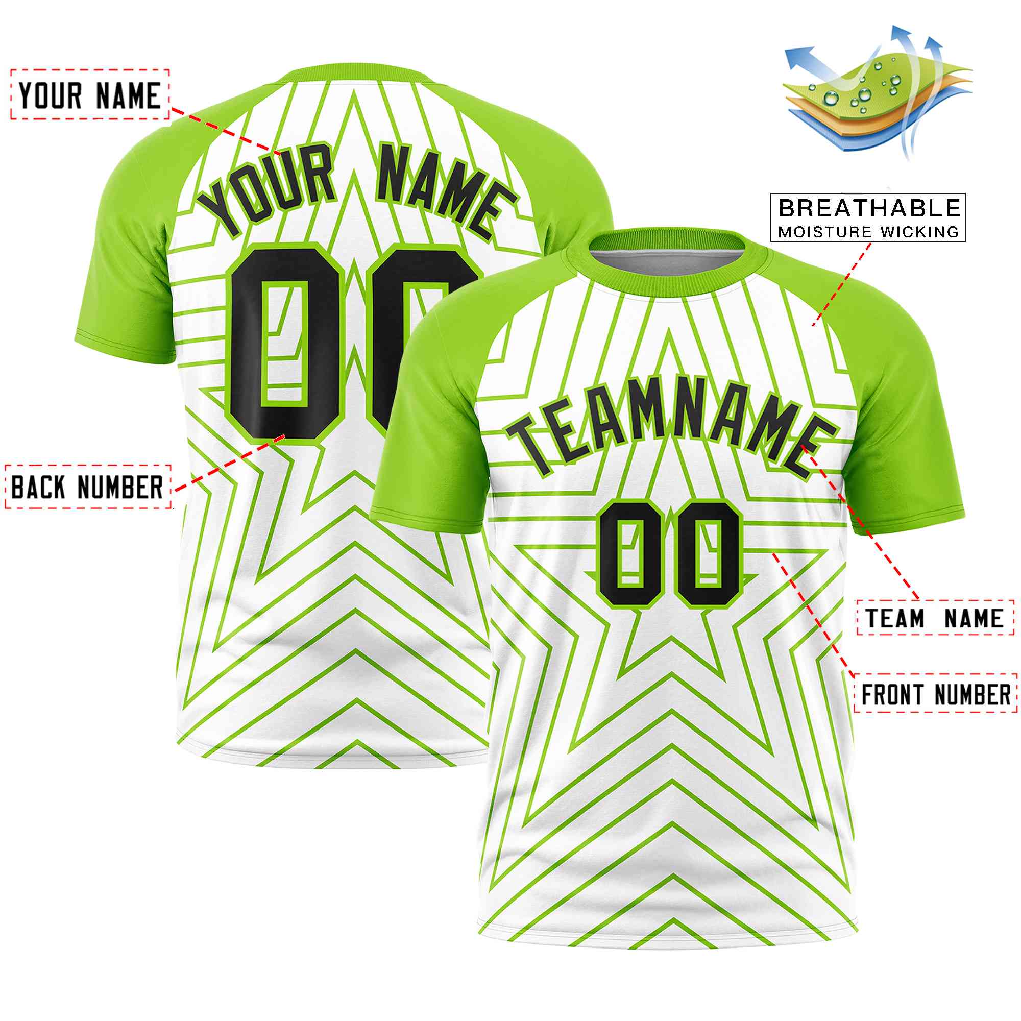 Custom White Neon Green Personalized Star Pattern Raglan Sleeves Performance T-Shirt