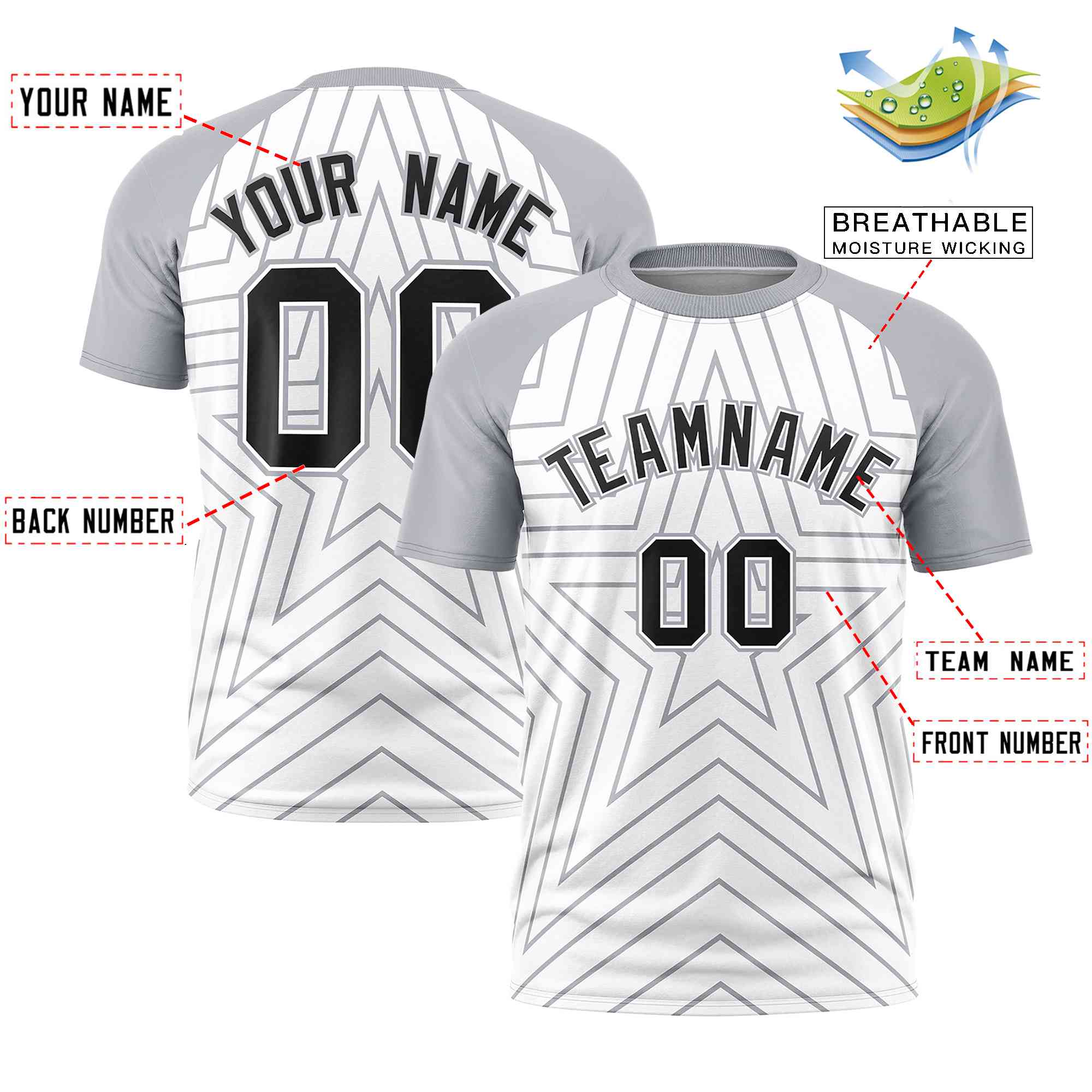 Custom White Gray Personalized Star Pattern Raglan Sleeves Performance T-Shirt