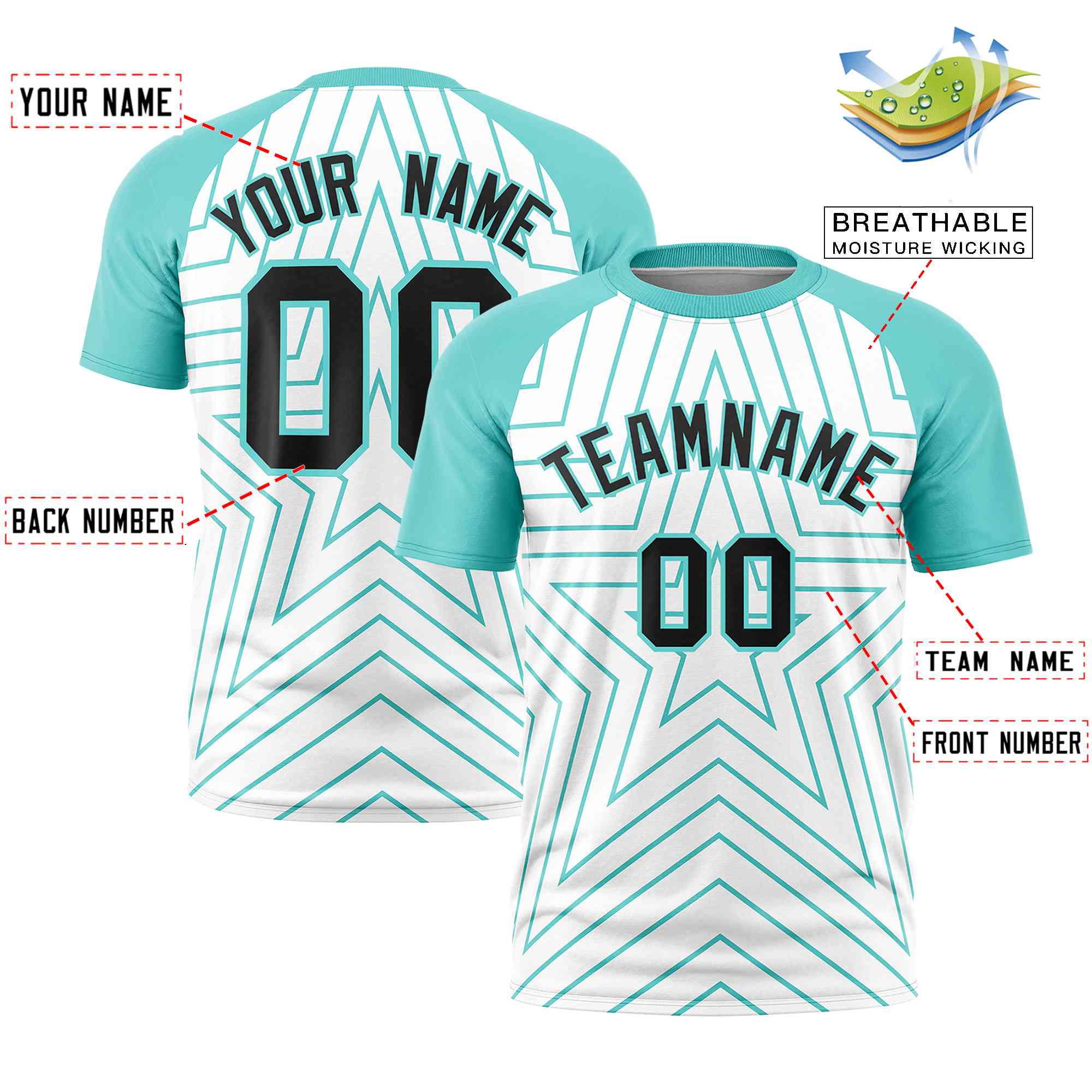 Custom White Aqua Personalized Star Pattern Raglan Sleeves Performance T-Shirt