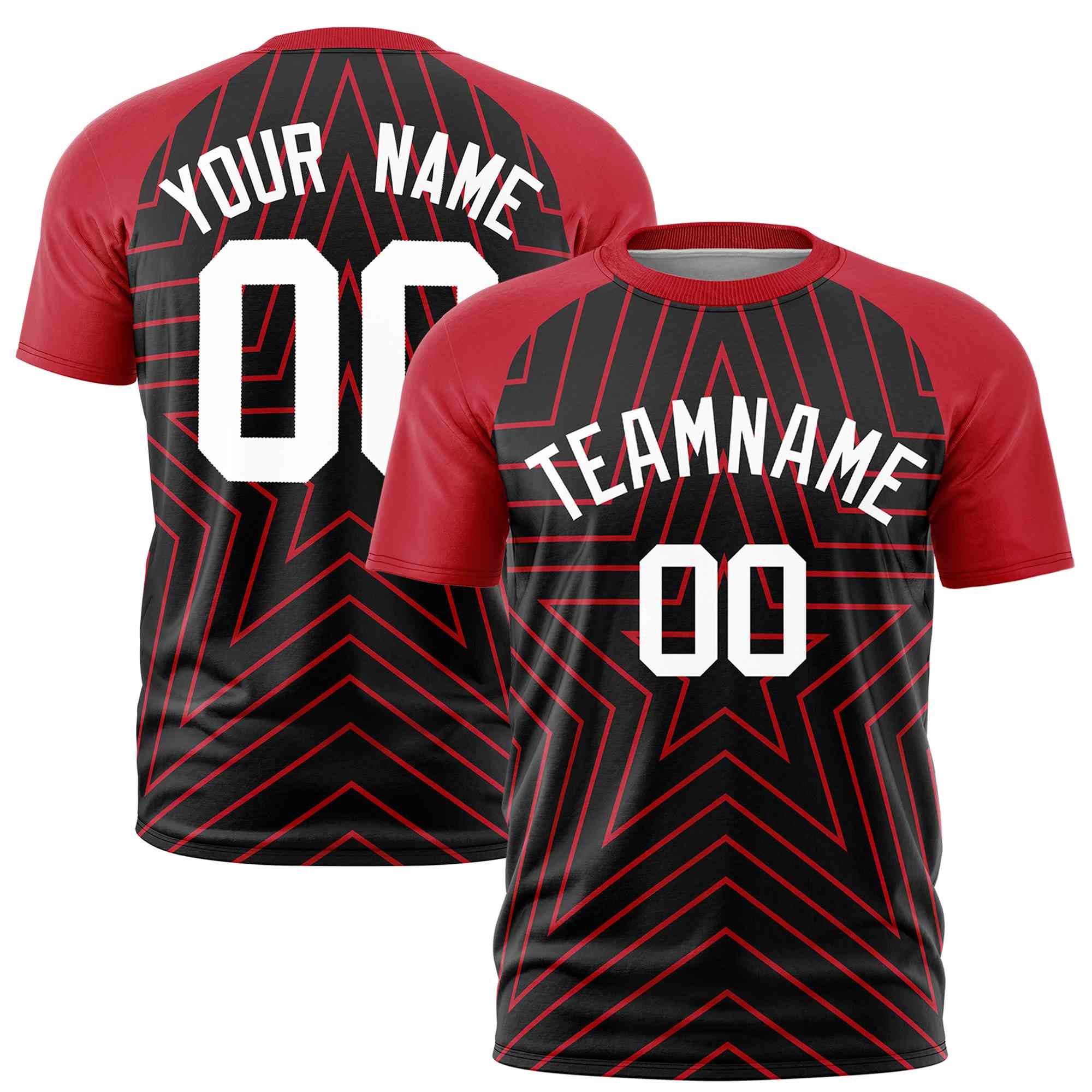 Custom Black Red Personalized Star Pattern Raglan Sleeves Performance T-Shirt