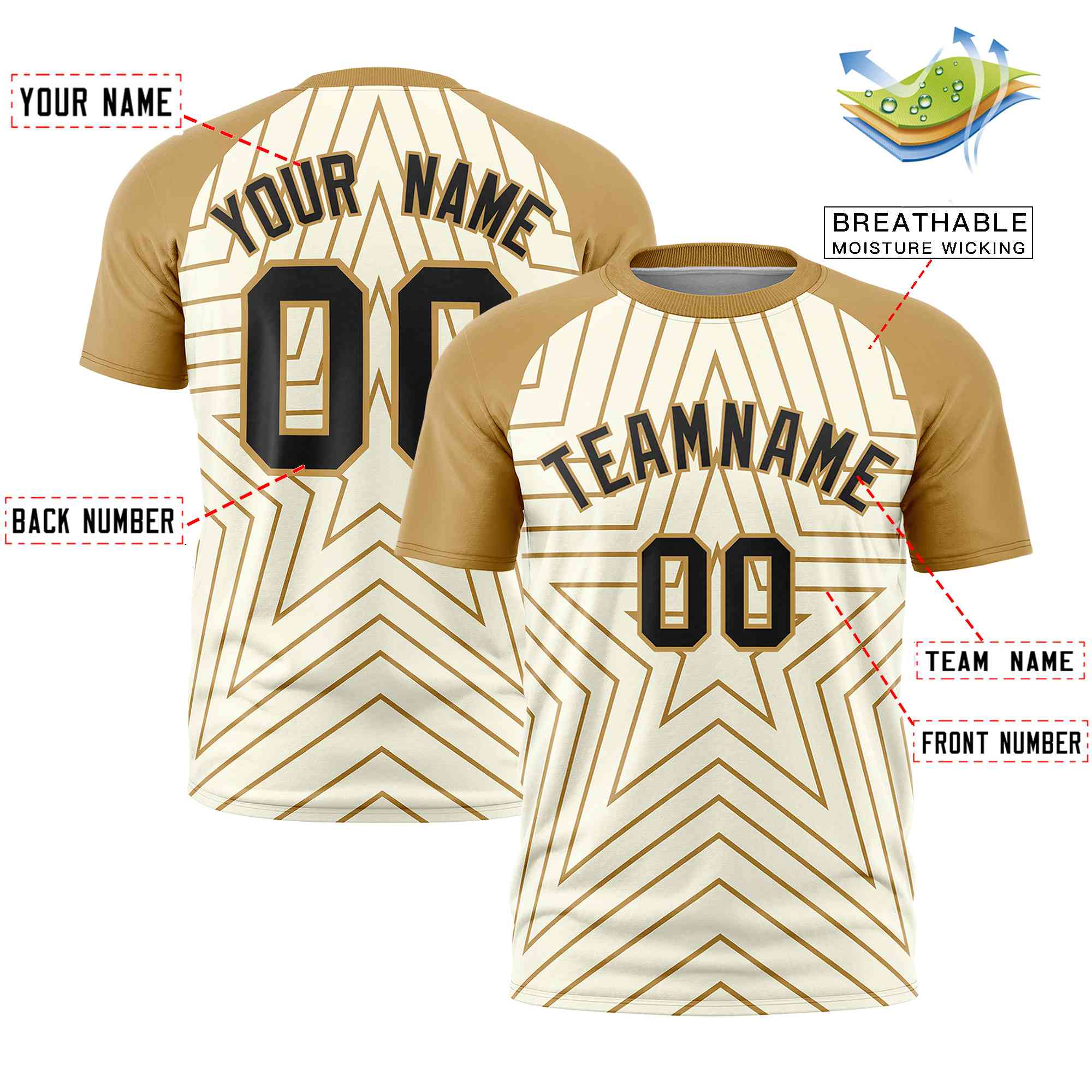 Custom Cream Old Gold Personalized Star Pattern Raglan Sleeves Performance T-Shirt