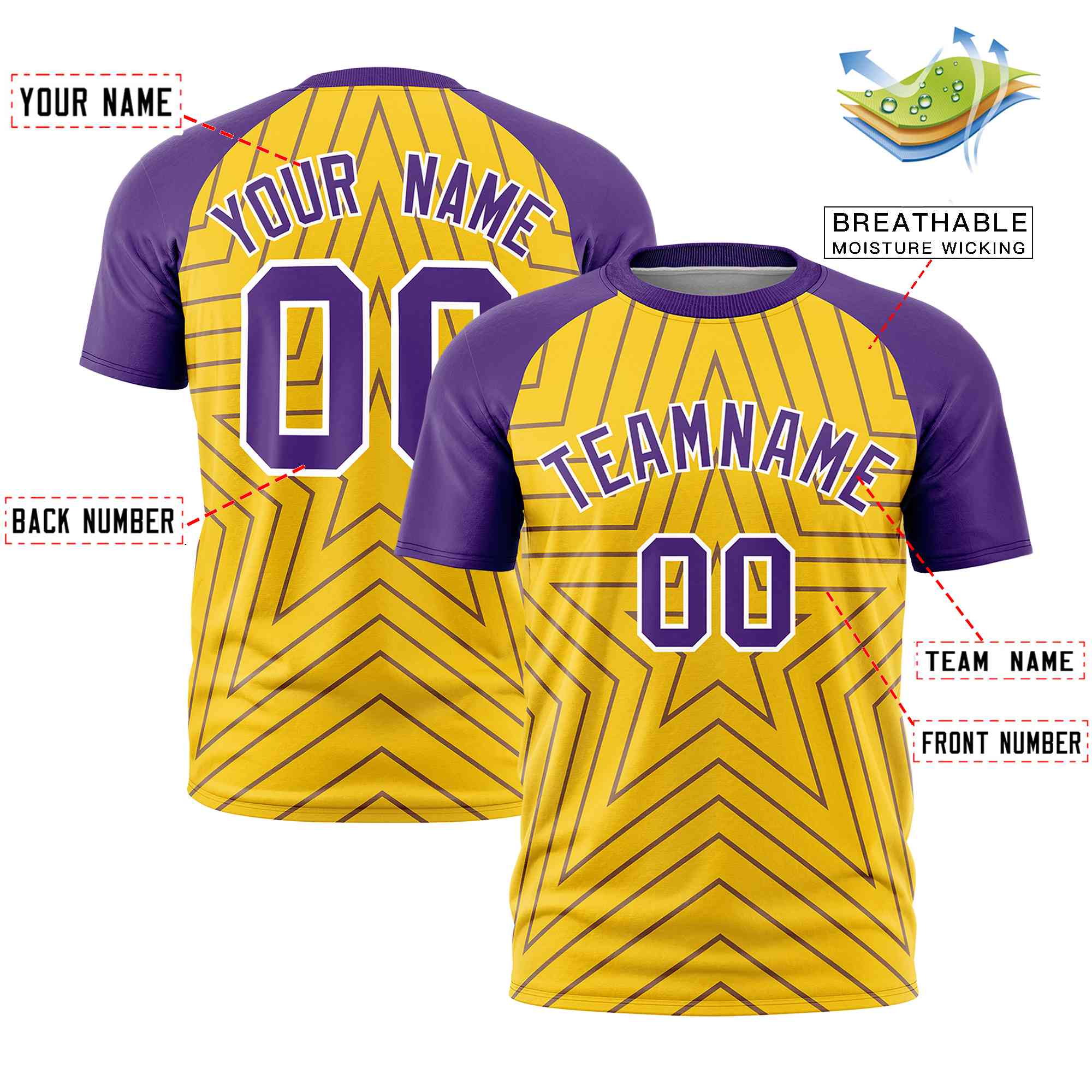 Custom Gold Purple Personalized Star Pattern Raglan Sleeves Performance T-Shirt