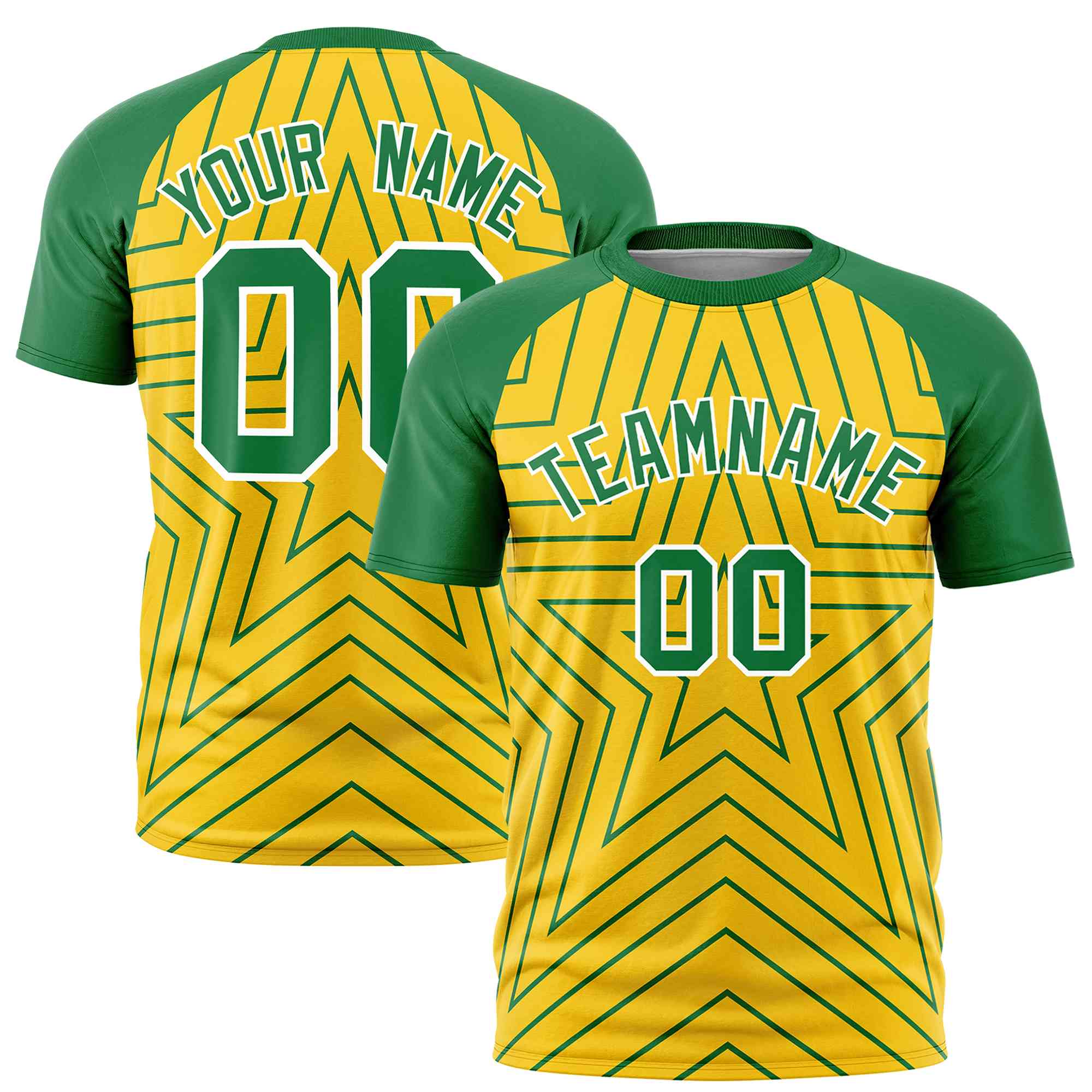 Custom Gold Kelly Green Personalized Star Pattern Raglan Sleeves Performance T-Shirt