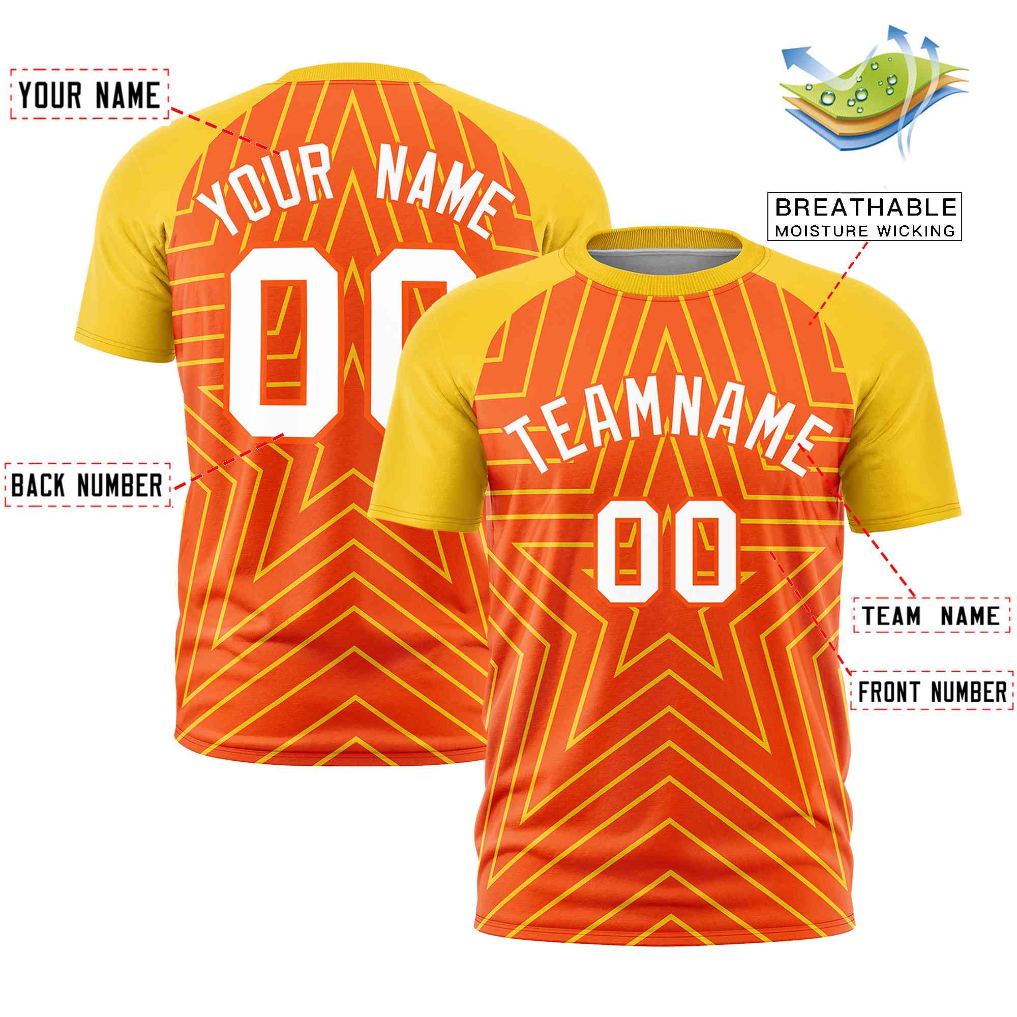 Custom Orange Gold Personalized Star Pattern Raglan Sleeves Performance T-Shirt