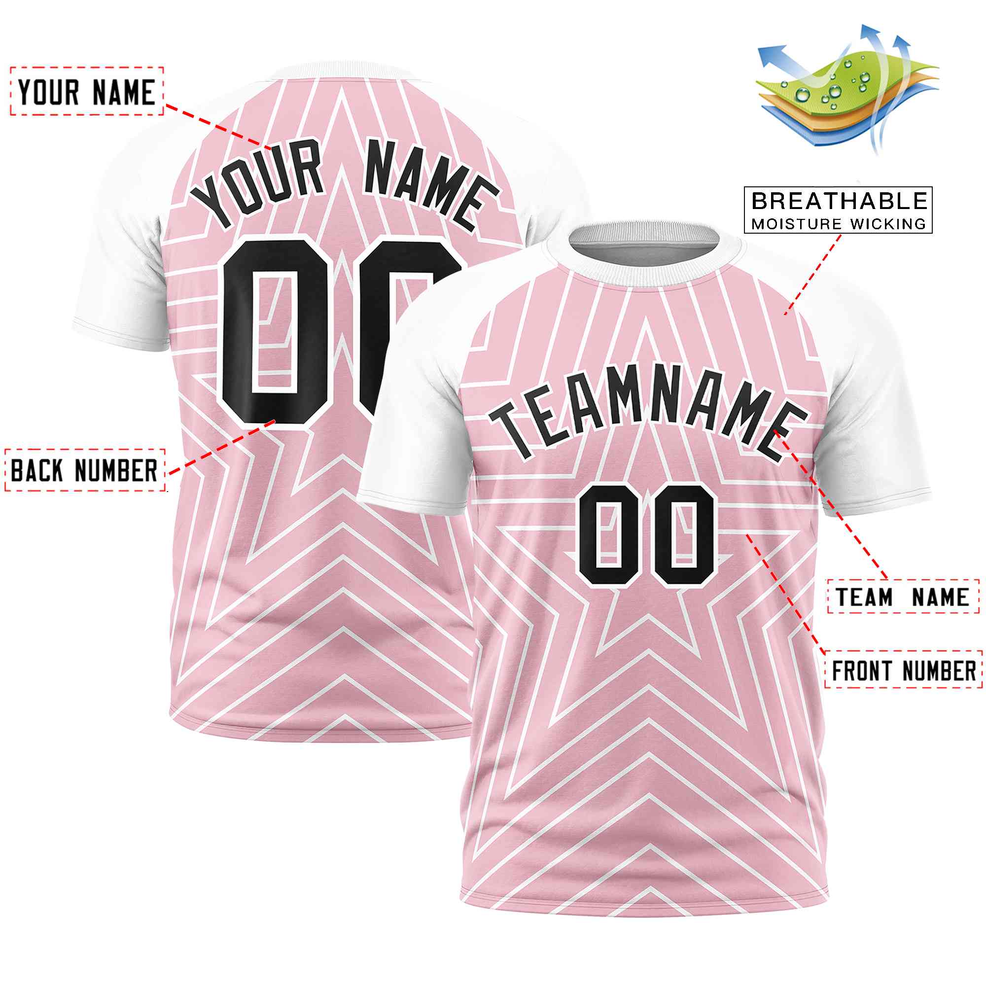 Custom Light Pink White Personalized Star Pattern Raglan Sleeves Performance T-Shirt