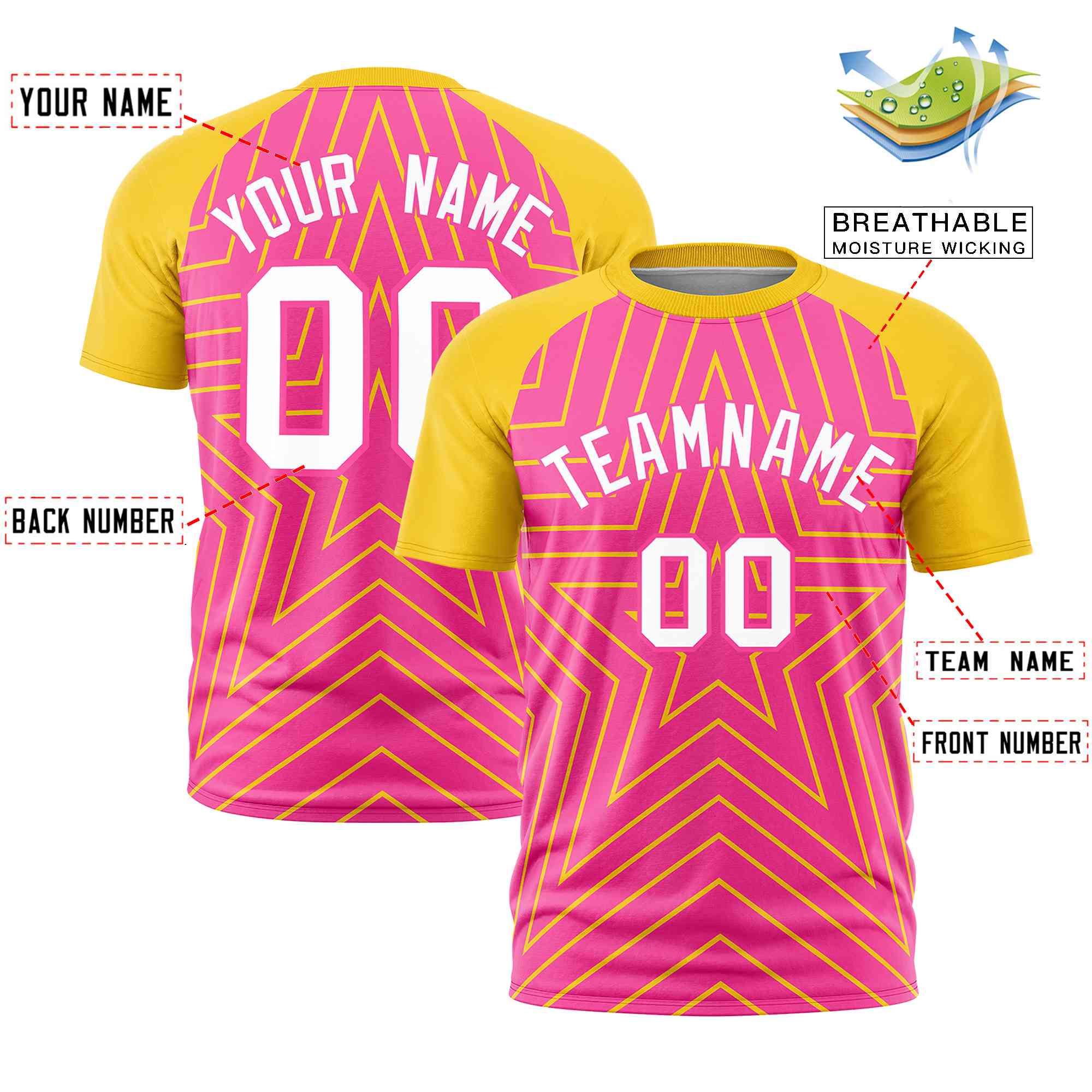 Custom Pink Gold Personalized Star Pattern Raglan Sleeves Performance T-Shirt