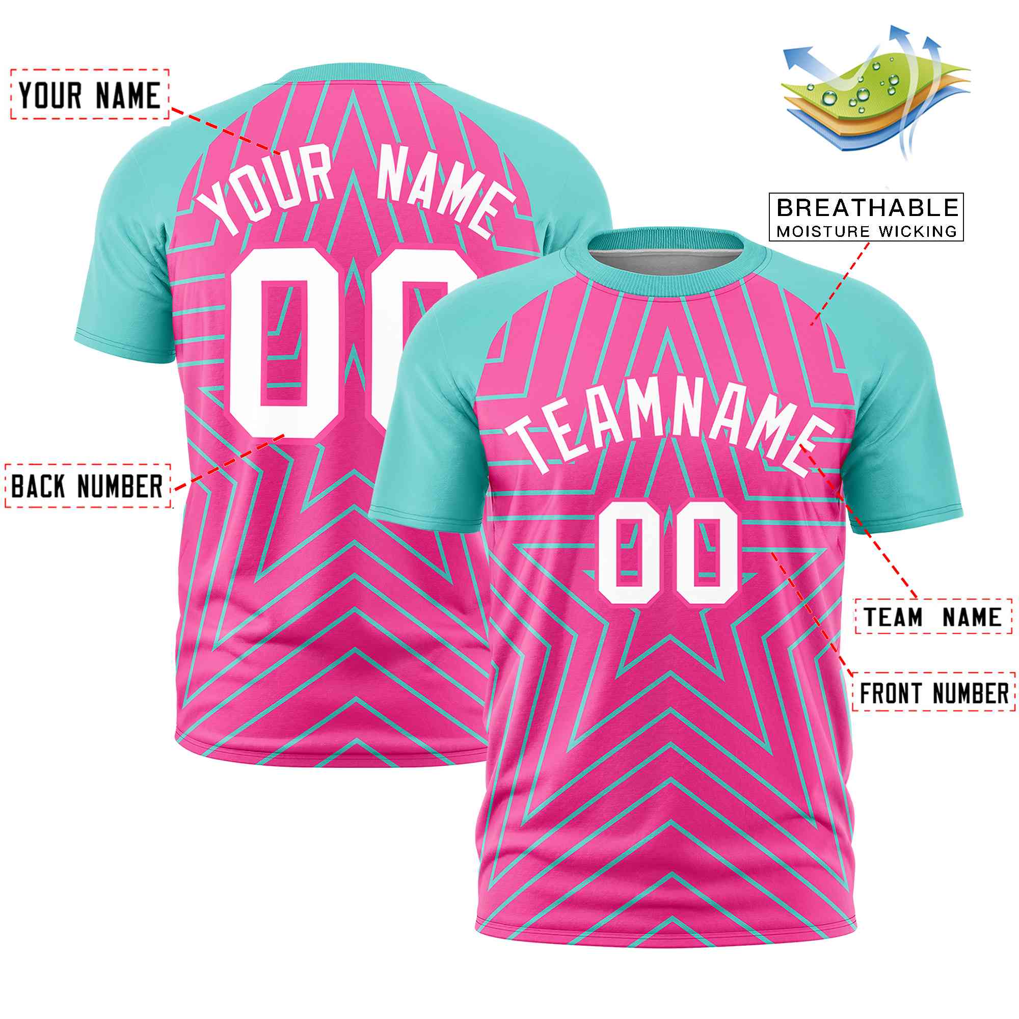 Custom Pink Aqua Personalized Star Pattern Raglan Sleeves Performance T-Shirt