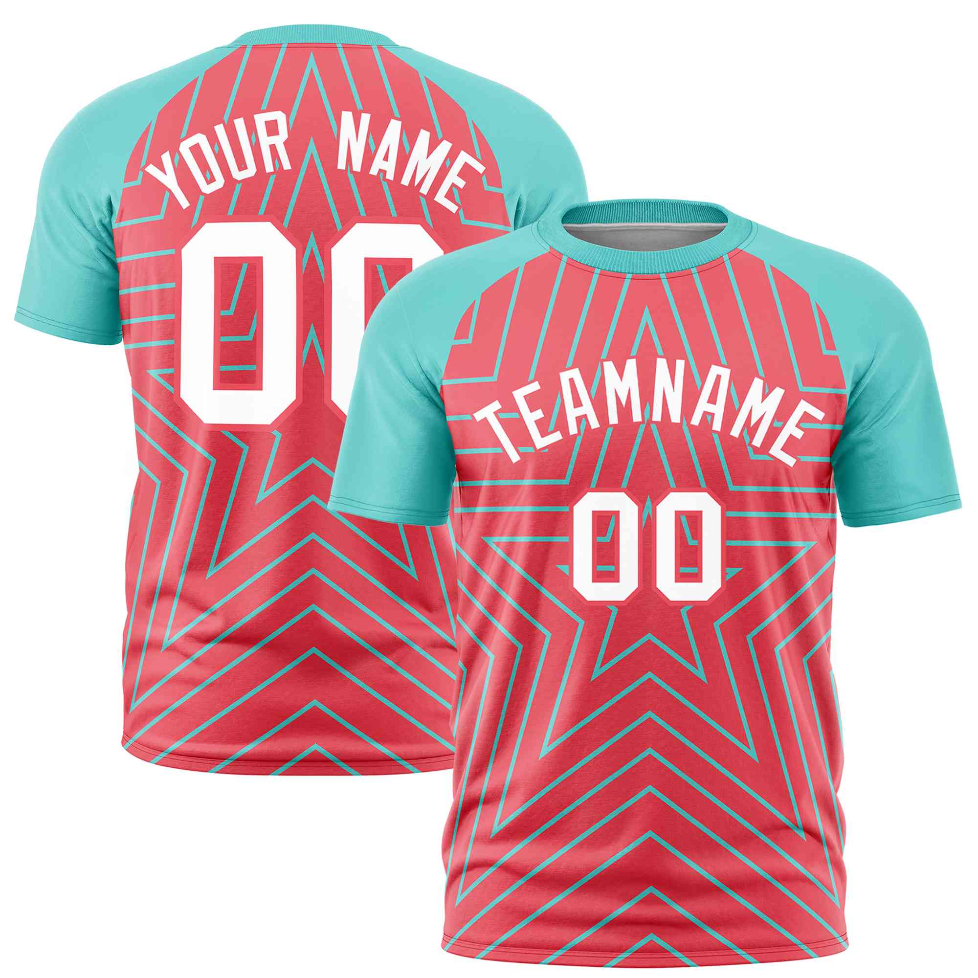 Custom Light Red Aqua Personalized Star Pattern Raglan Sleeves Performance T-Shirt