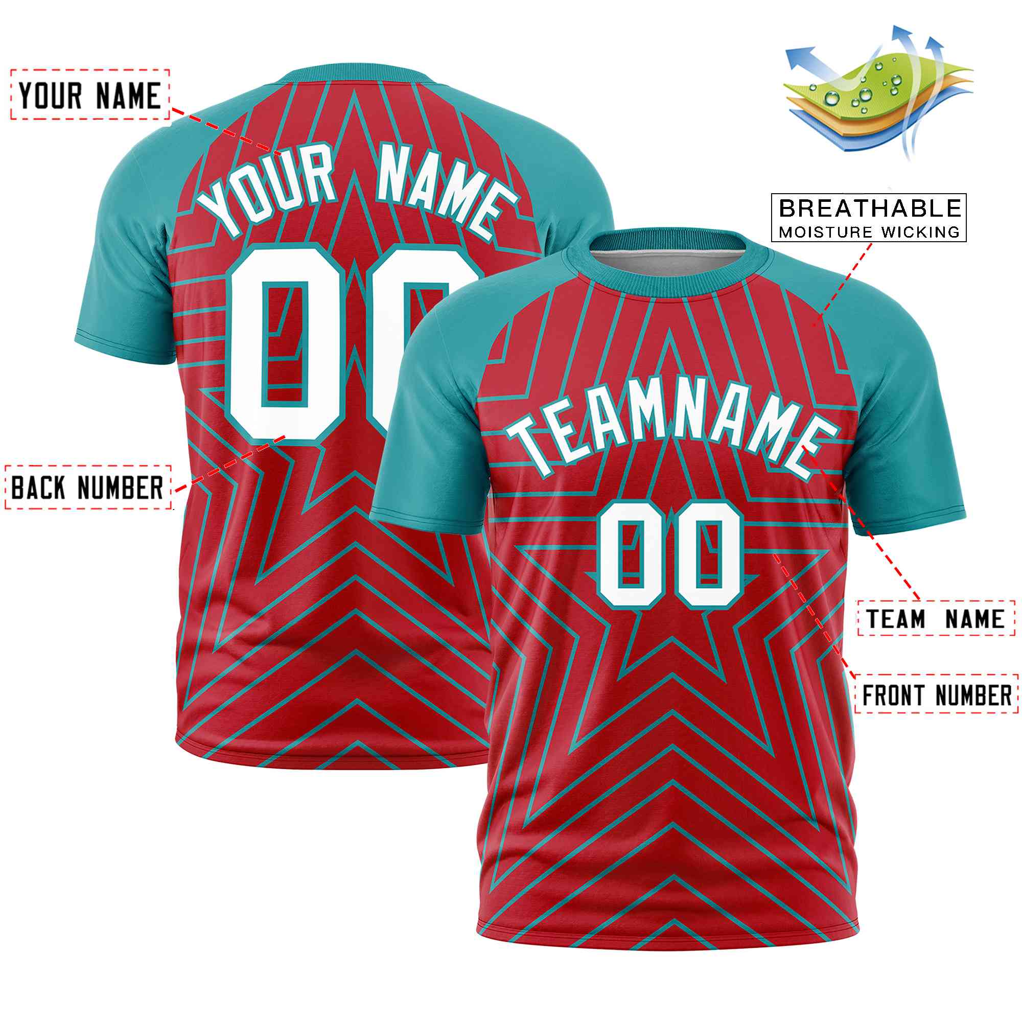 Custom Red Aqua Personalized Star Pattern Raglan Sleeves Performance T-Shirt