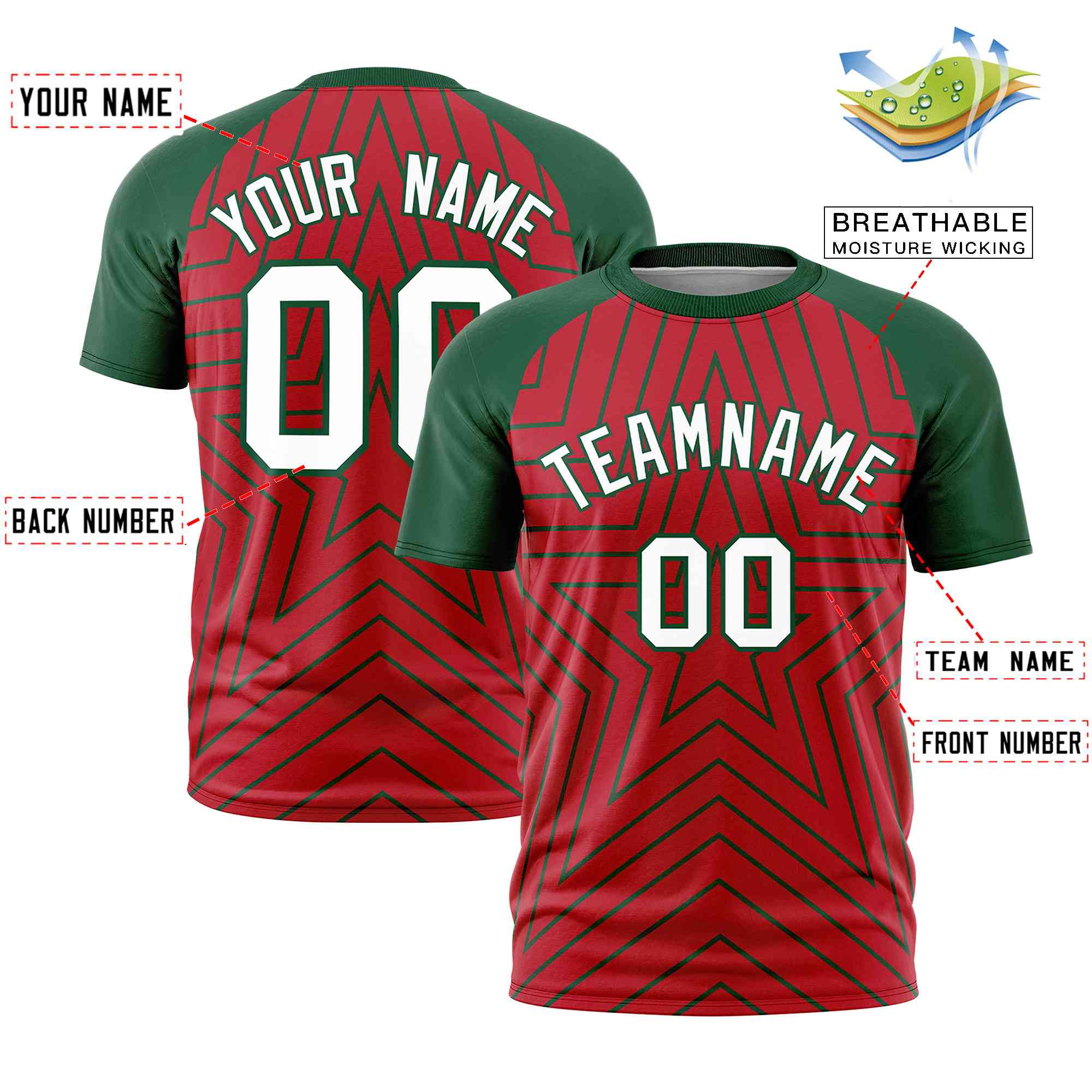 Custom Red Green Personalized Star Pattern Raglan Sleeves Performance T-Shirt