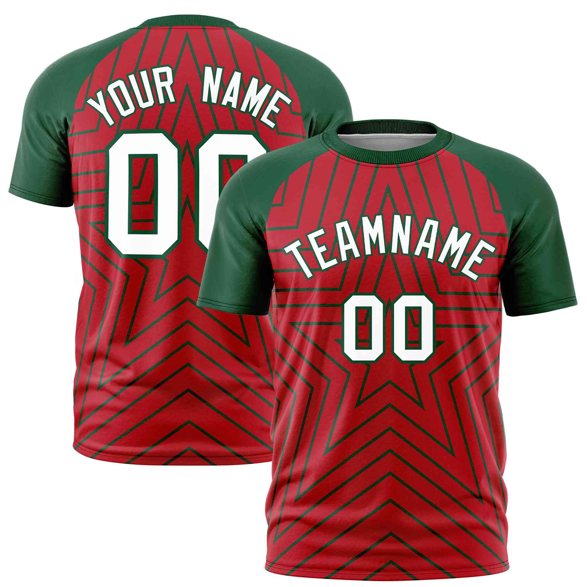 Custom Red Green Personalized Star Pattern Raglan Sleeves Performance T-Shirt