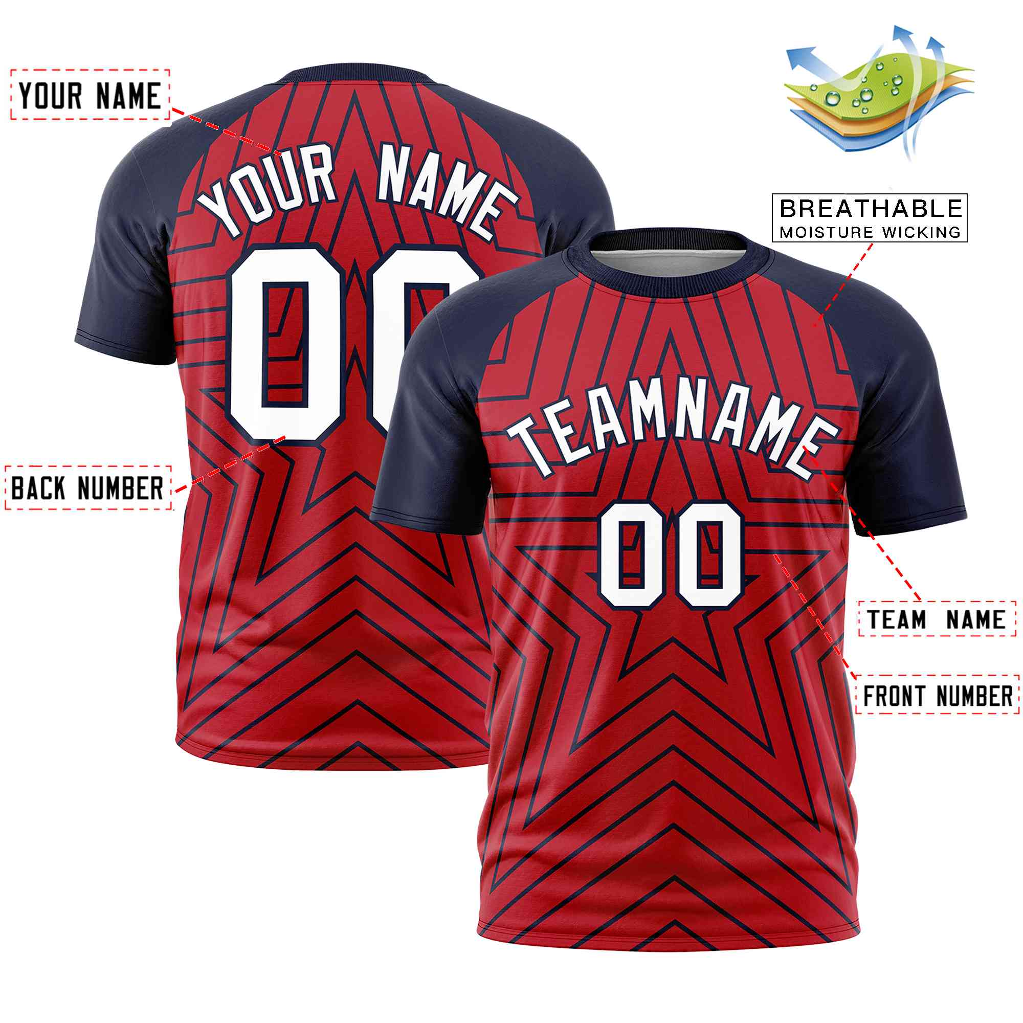 Custom Red Navy Personalized Star Pattern Raglan Sleeves Performance T-Shirt