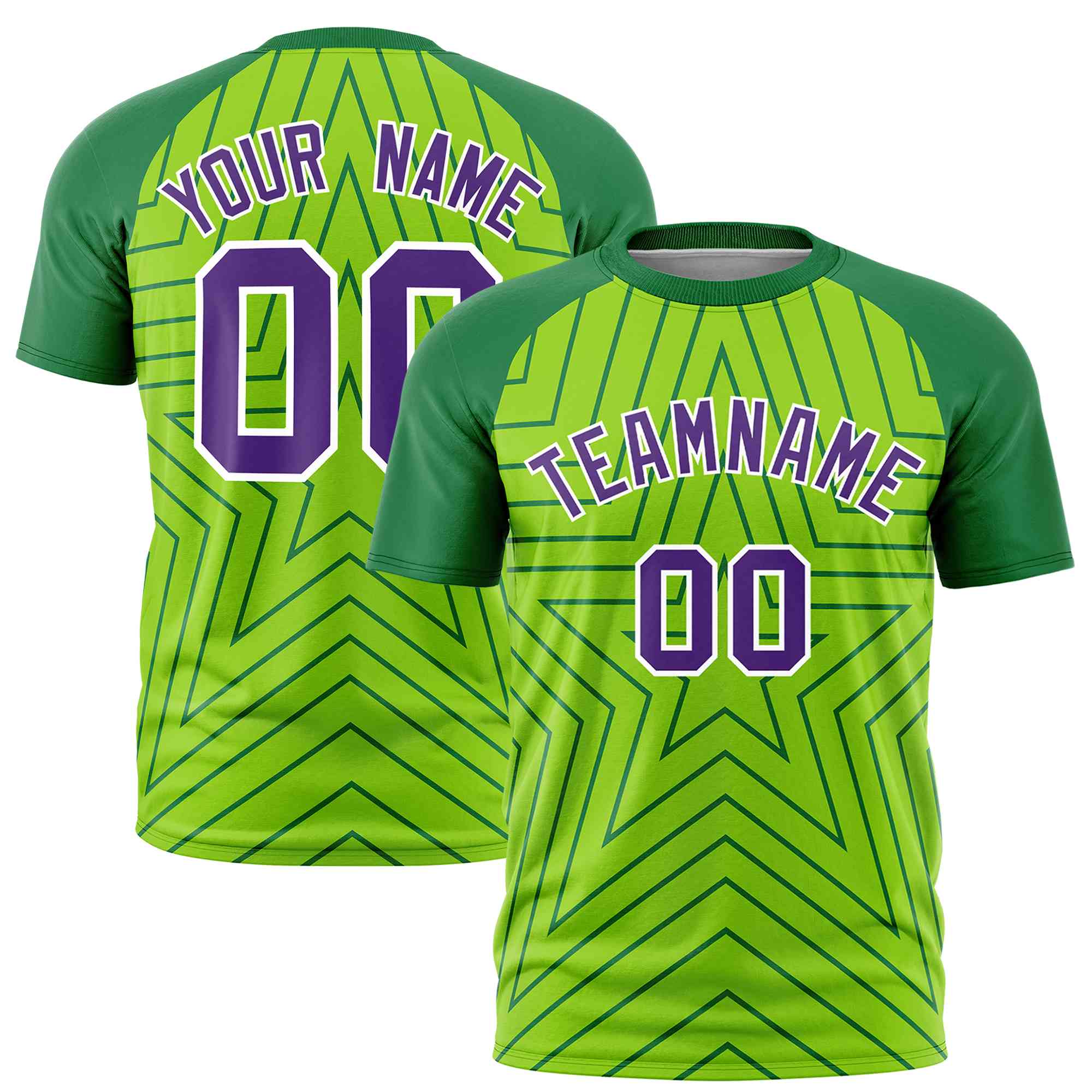 Custom Neon Green Kelly Green Personalized Star Pattern Raglan Sleeves Performance T-Shirt