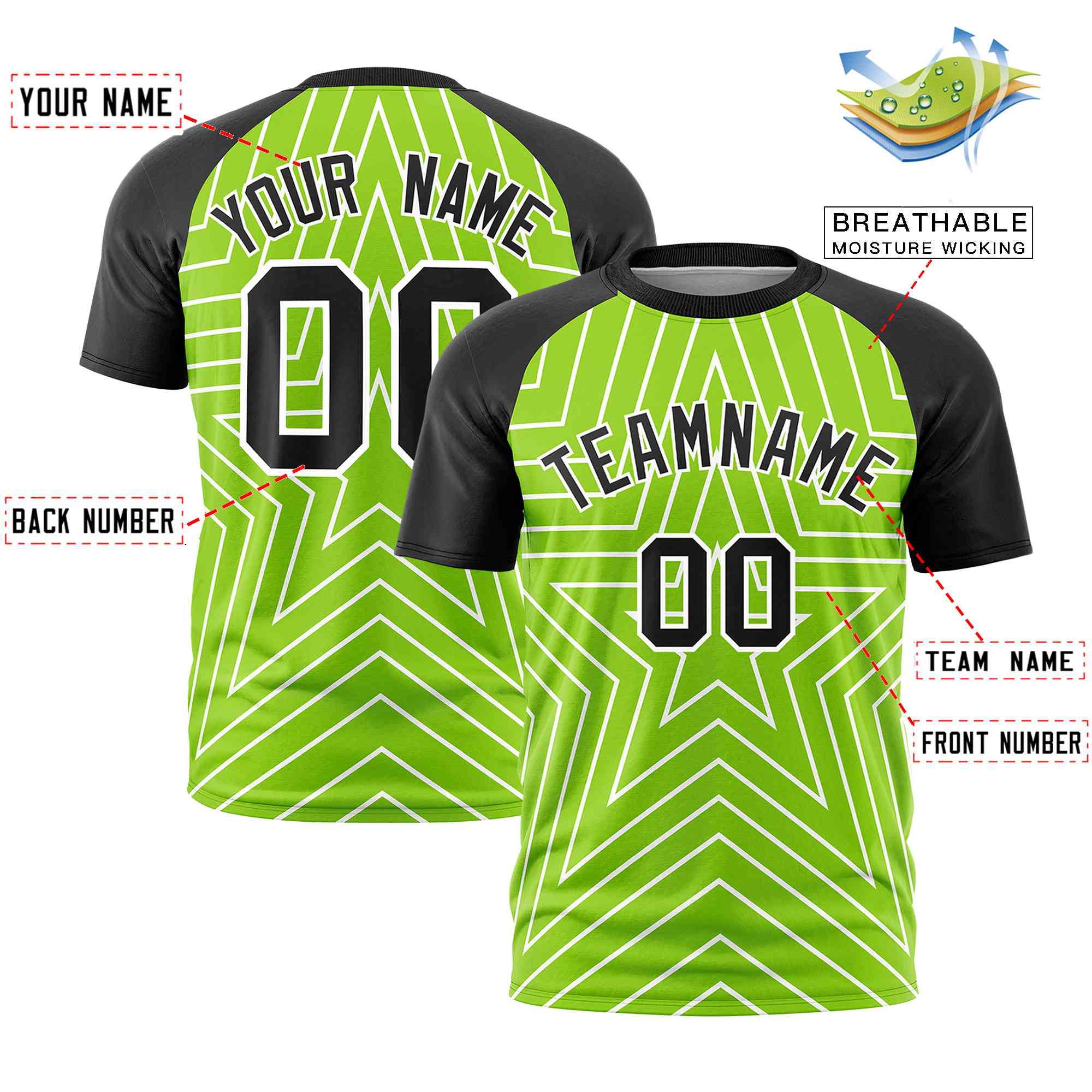 Custom Neon Green Black Personalized Star Pattern Raglan Sleeves Performance T-Shirt