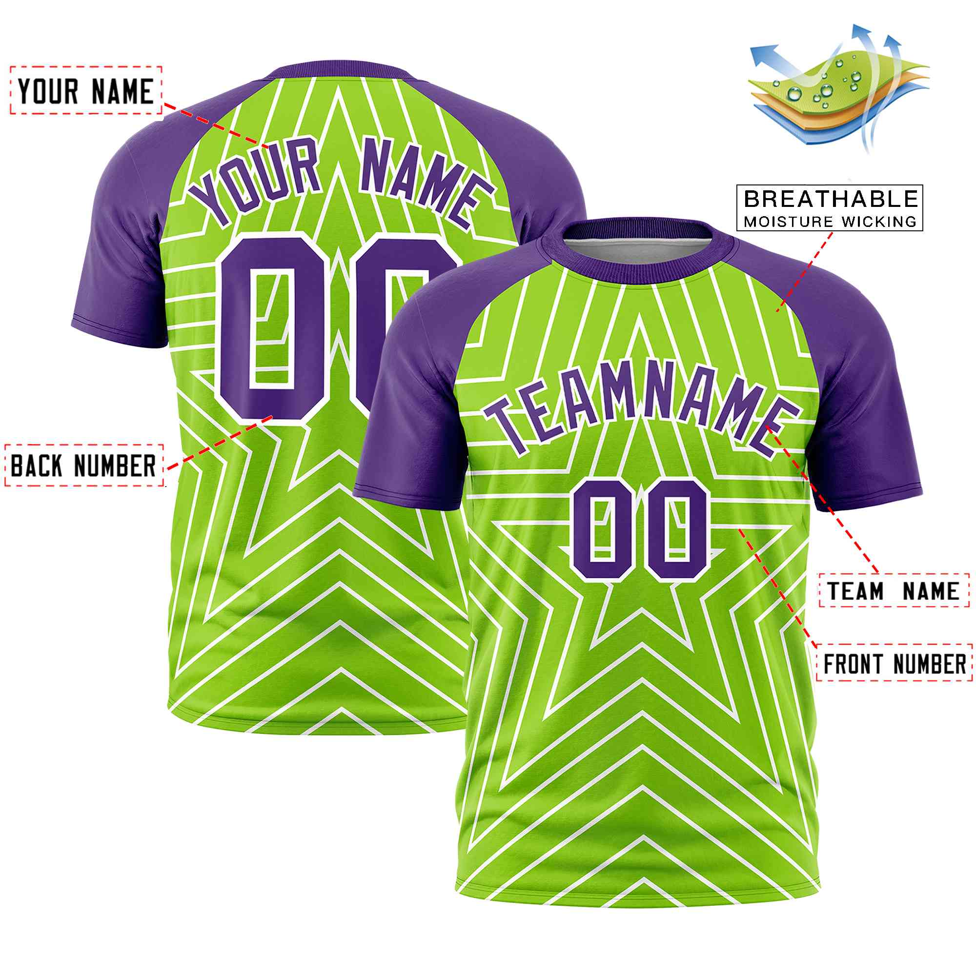 Custom Neon Green Purple Personalized Star Pattern Raglan Sleeves Performance T-Shirt