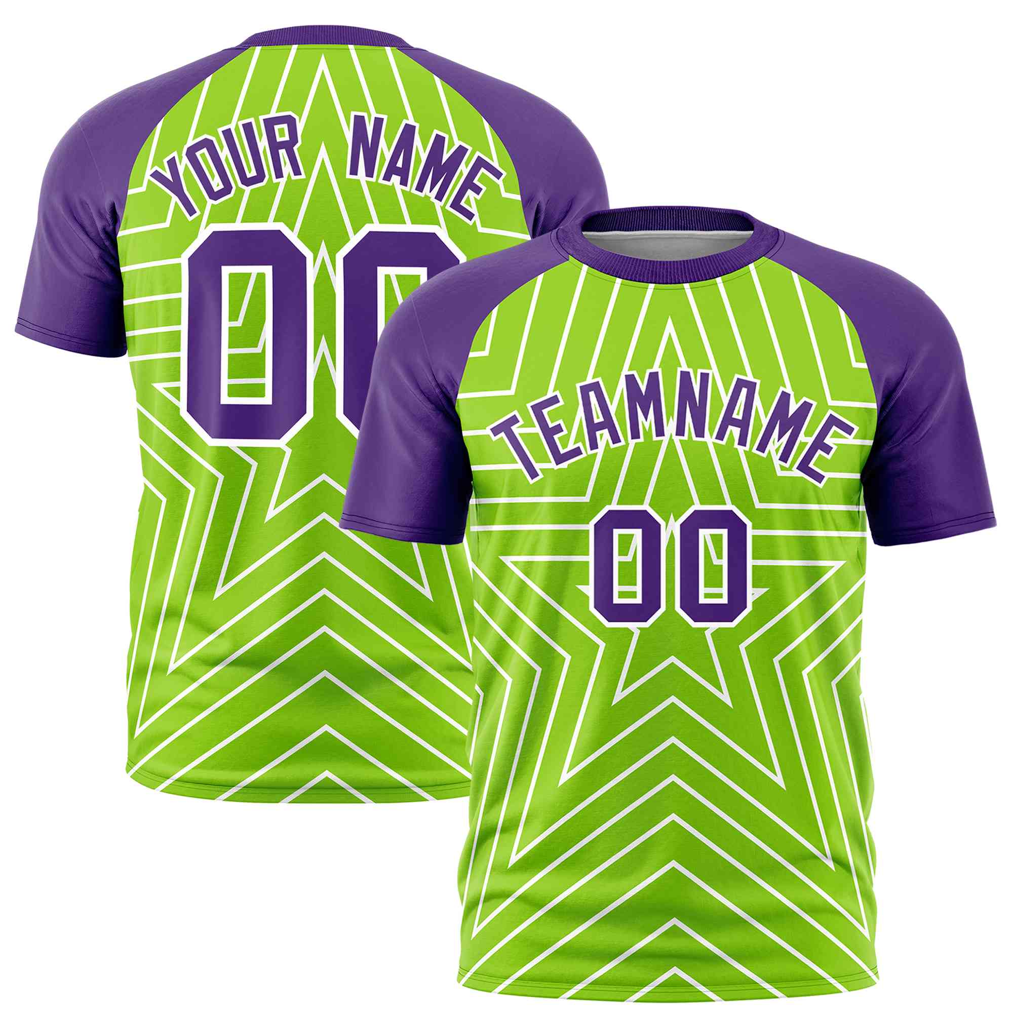 Custom Neon Green Purple Personalized Star Pattern Raglan Sleeves Performance T-Shirt