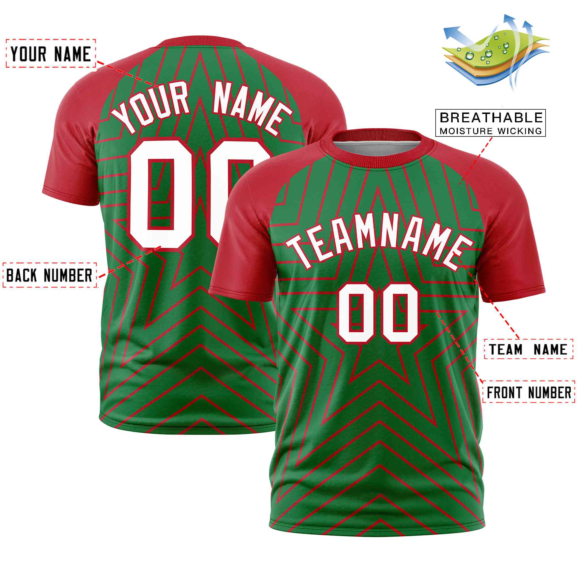 Custom Kelly Green Red Personalized Star Pattern Raglan Sleeves Performance T-Shirt