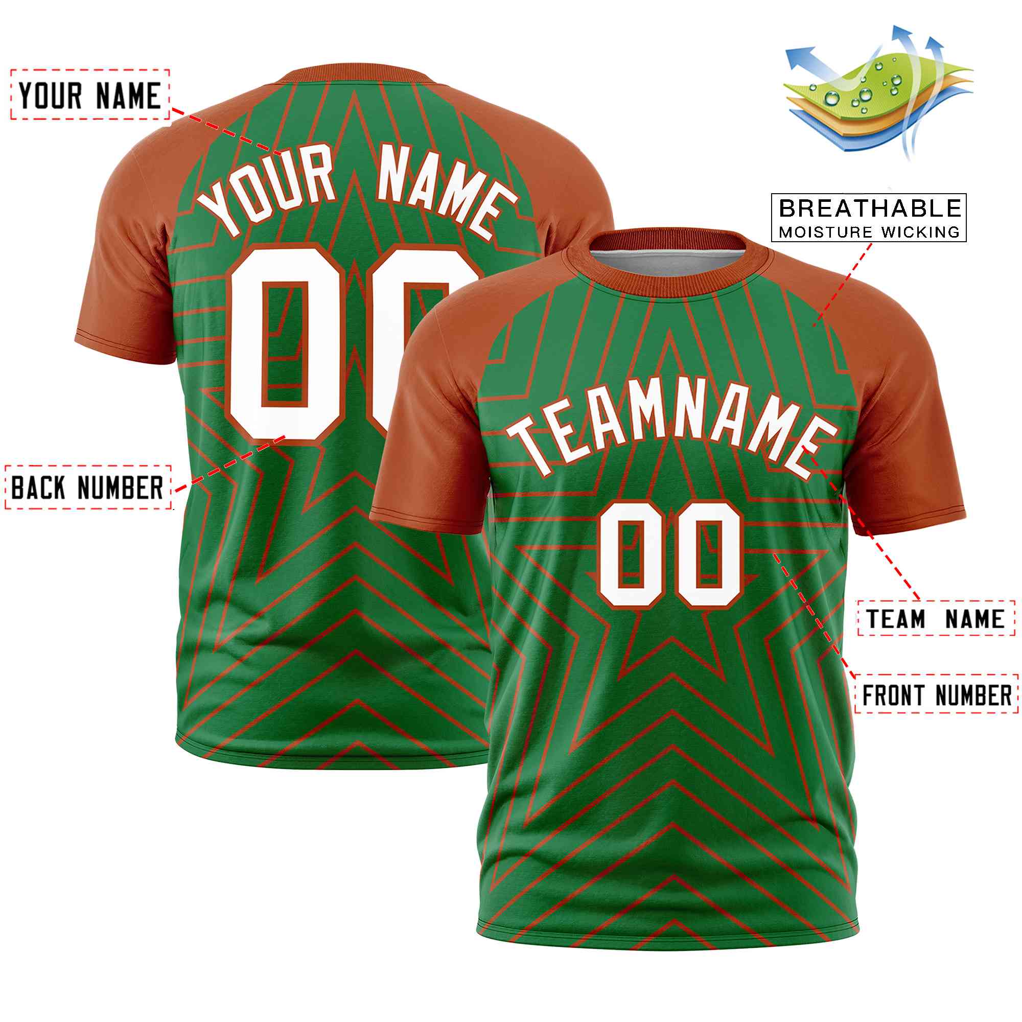 Custom Kelly Green Texas Orange Personalized Star Pattern Raglan Sleeves Performance T-Shirt